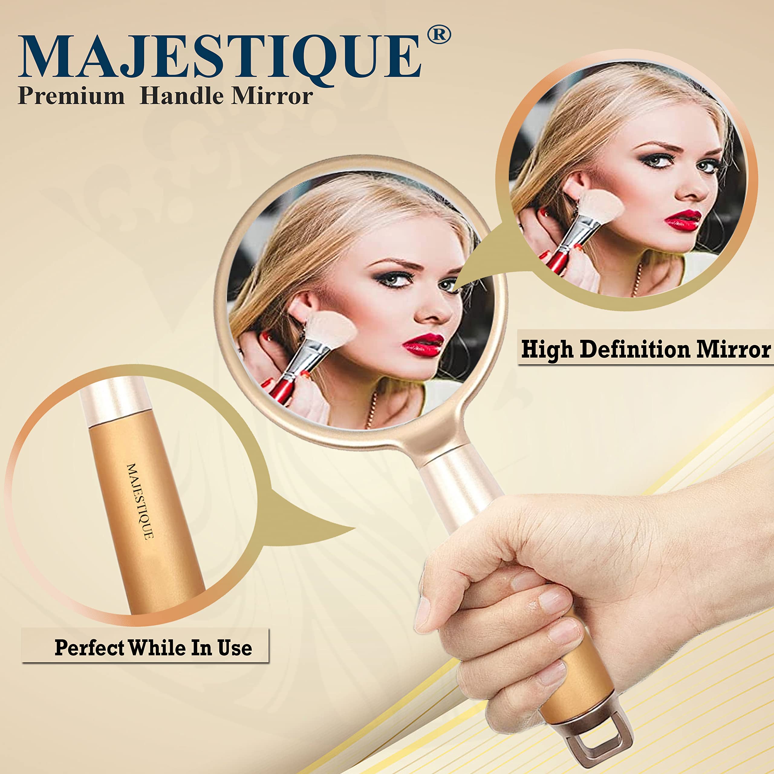 MAJESTIQUE 8 Inch Gold Handle Mirror for Makeup - Portable Travel, Bathroom, Desk & Grooming Mirror for Women & Men - Perfect for Makeup Application, Shaving & Beauty Routine (Golden)
