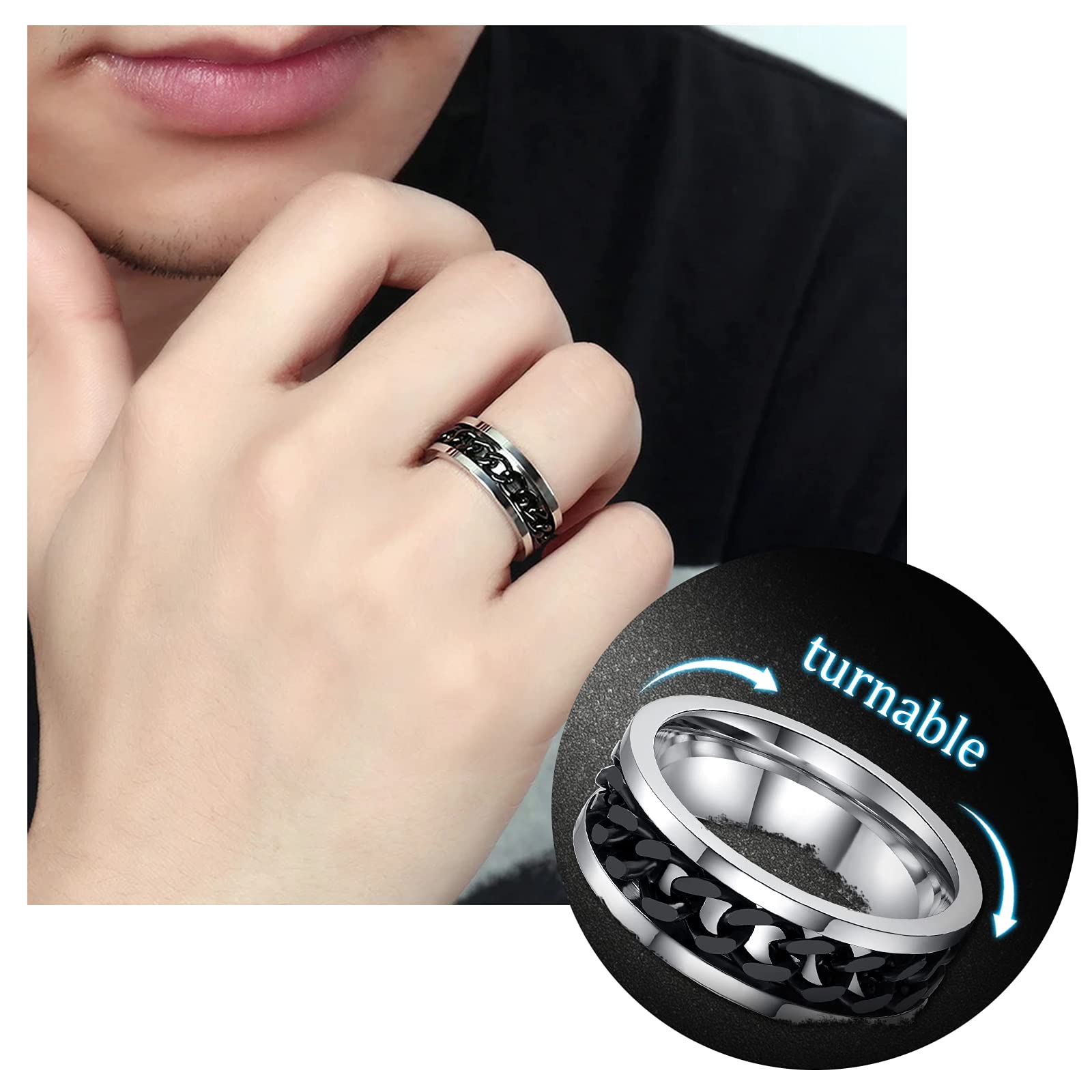 HUASAI Anxiety Relief Rings for Women & Men - Stainless Steel Spinner Rings with Moon & Star Design, Triple Interlocked Rolling Flower Stress Relieving Rings Set - Perfect Birthday Gifts for ADHD, Anxiety & Focus - Great for Office, School & Travel Stress Relief