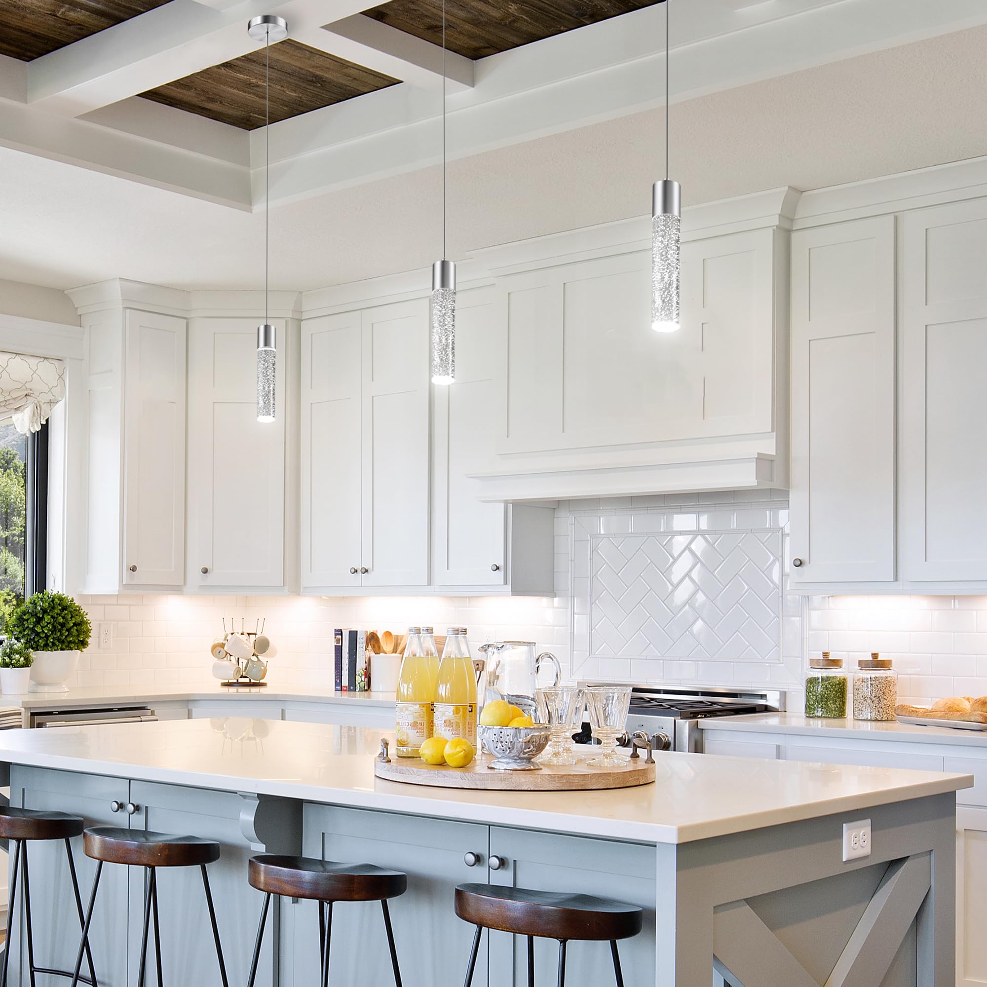 Modern Crystal Bubble Glass LED Pendant Lights for Kitchen Island - 6500K Bright White, Brushed Nickel Hanging Light Fixture (1 Pack) - Perfect for Dining Room, Bar Counter & Home Decor Lighting