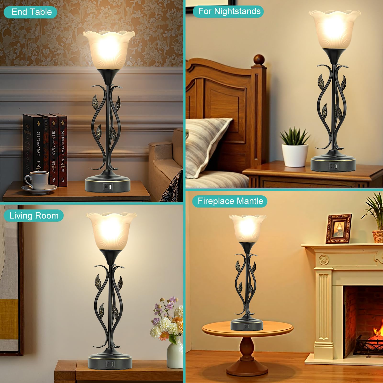 2 Pack Bedside Lamps with USB Port - 3-Way Dimmable Touch Control Table Lamps, Rustic Vine Leaf & Glass Flower Shade Nightstand Lighting for Bedroom, Living Room, Office - Perfect for Reading, Relaxation & Home Decor