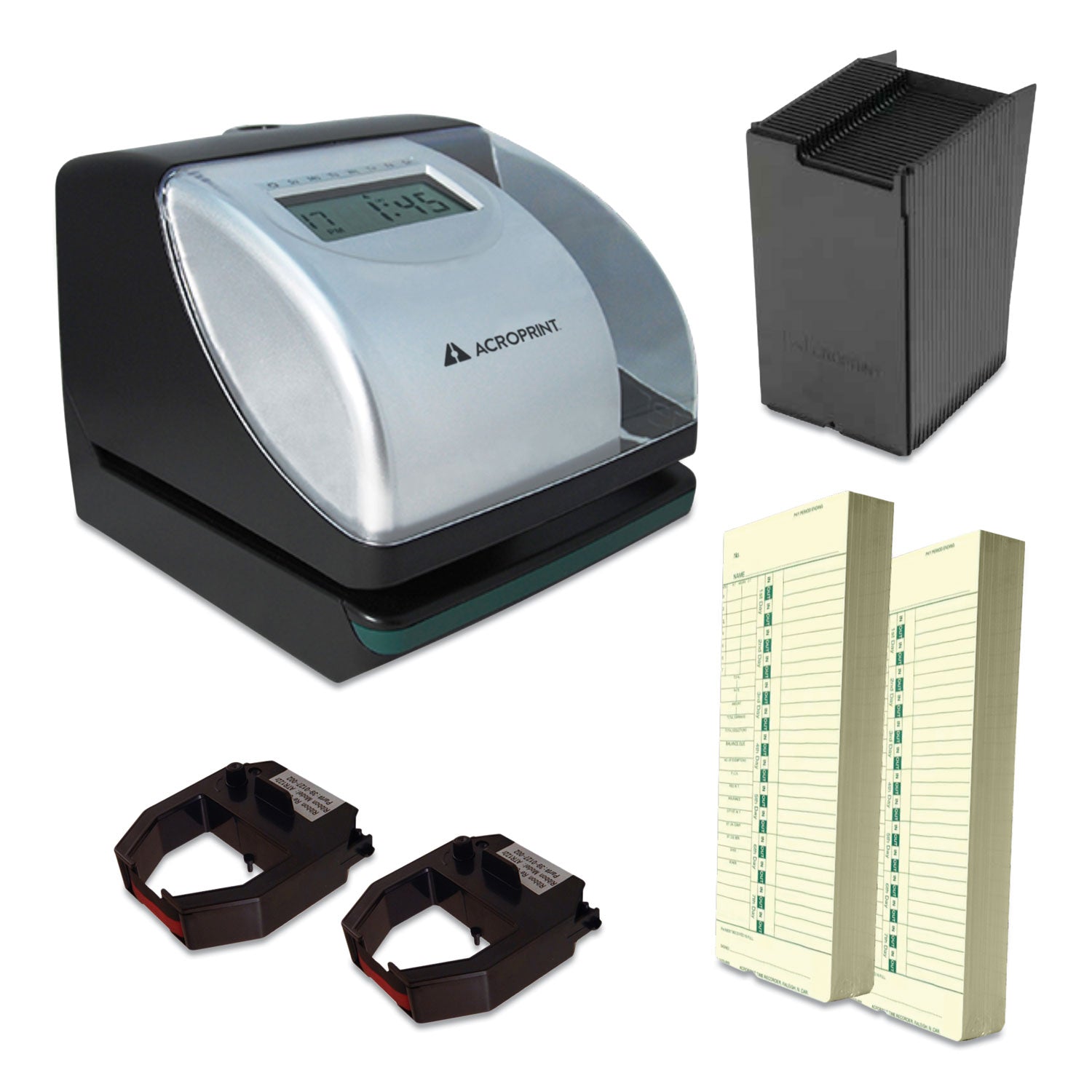 Acroprint ES700 Digital Time Clock and Document Stamp Bundle with LCD Display - Black/Silver for Office, Warehouse & Business Time Tracking