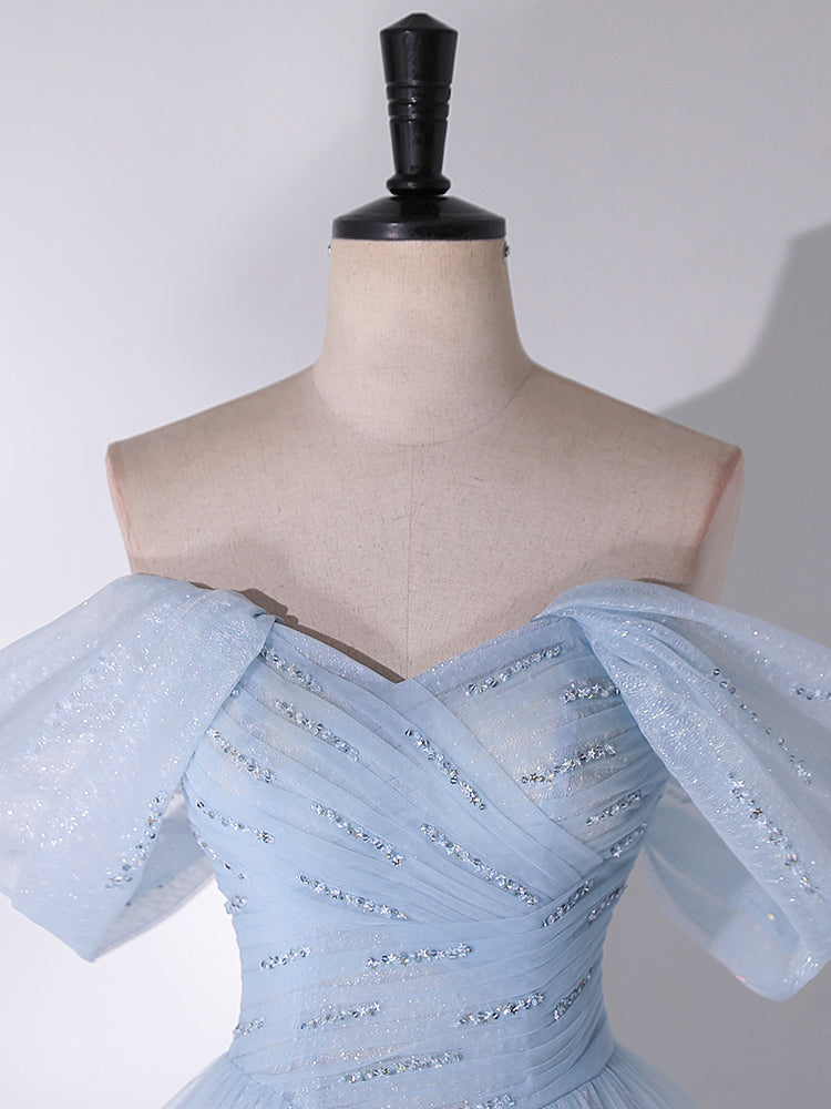 Elegant Off Shoulder A-Line Tulle Lace Blue Long Prom Dress - Formal Evening Gown for Homecoming, Ball, Wedding & Special Occasions
