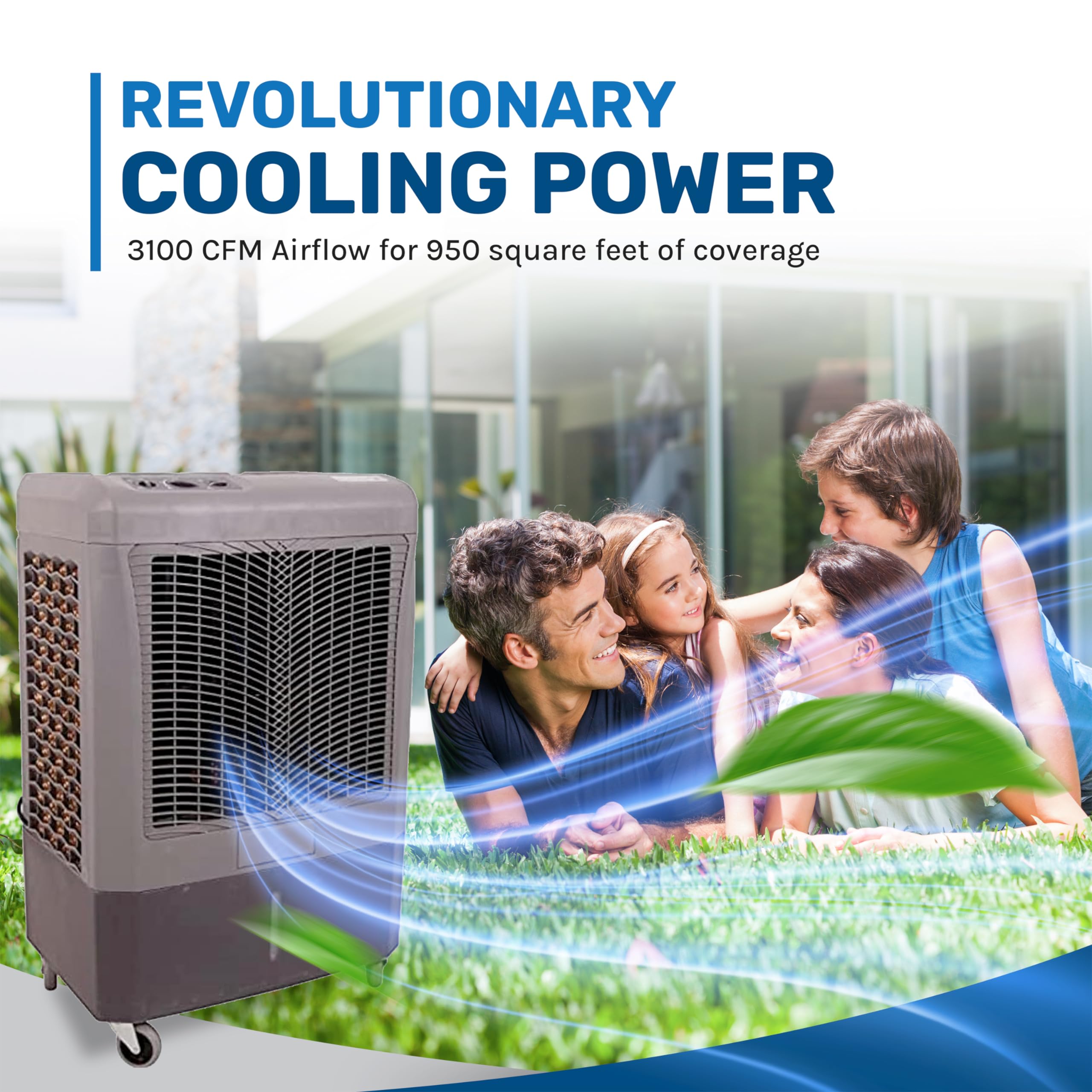 Hessaire MC37M 3100 CFM Portable Evaporative Air Cooler - 3-Speed High Velocity Outdoor Swamp Cooler for 950 sq. ft. Areas - Perfect for Patio, Garage, Warehouse & Backyard Cooling (Gray)