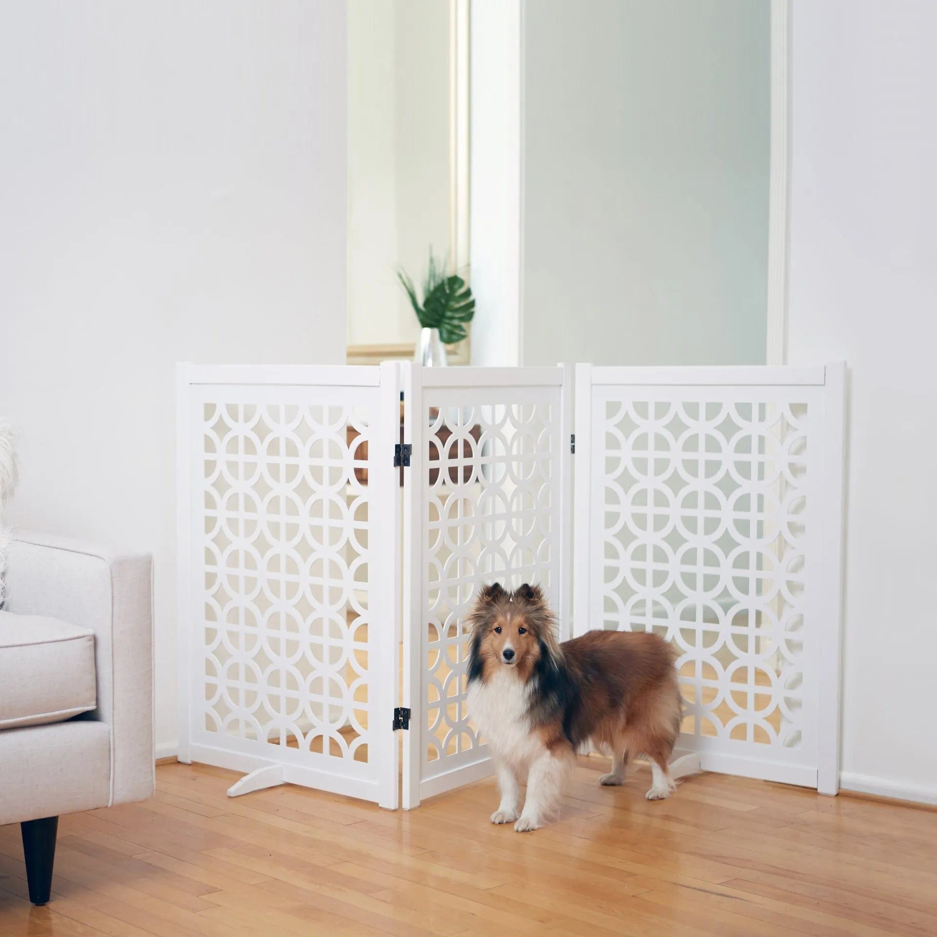 White Indoor Dog Gate for Home Decor - Adjustable 2 Height Options - Perfect for Living Room, Bedroom & Pet Safety Barriers