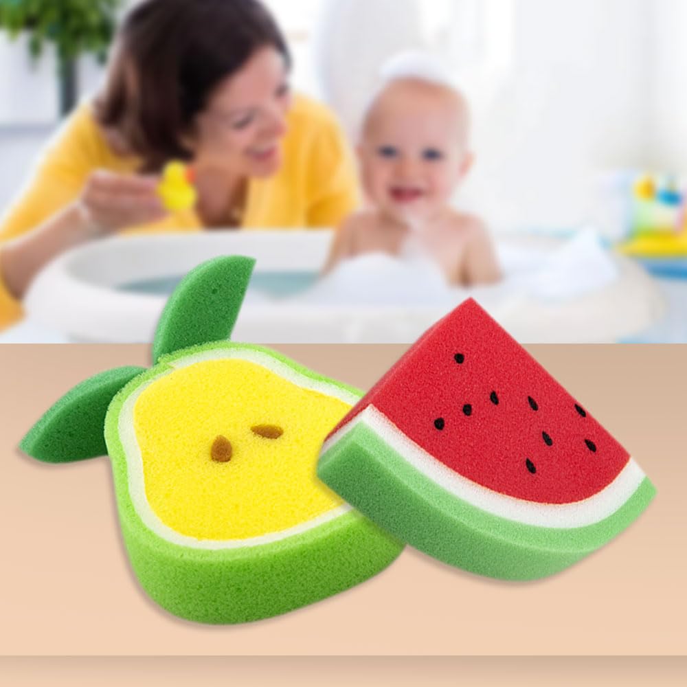 BabyMoo Sliced Fruit Shaped Bath Sponge - 2 Pack Soft Cleaning Sponges for Babies 0-36 Months | Colorful, Gentle & Safe for Newborn & Toddler Bath Time, Shower & Sensitive Skin Care
