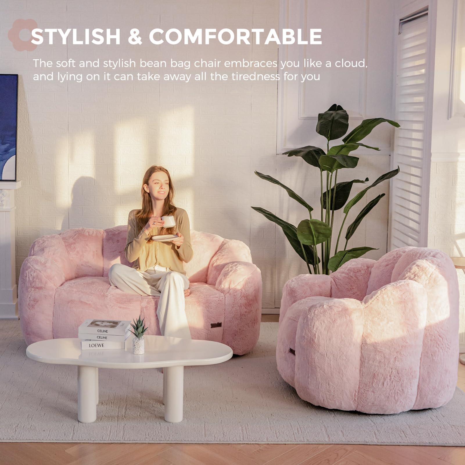 MAXYOYO Ultra Soft Faux Fur Bean Bag Chair - Double Size Loveseat with Floral Petal Back Design for Adults (Pink) | Perfect for Living Room, Bedroom, Dorm & Game Room Relaxation