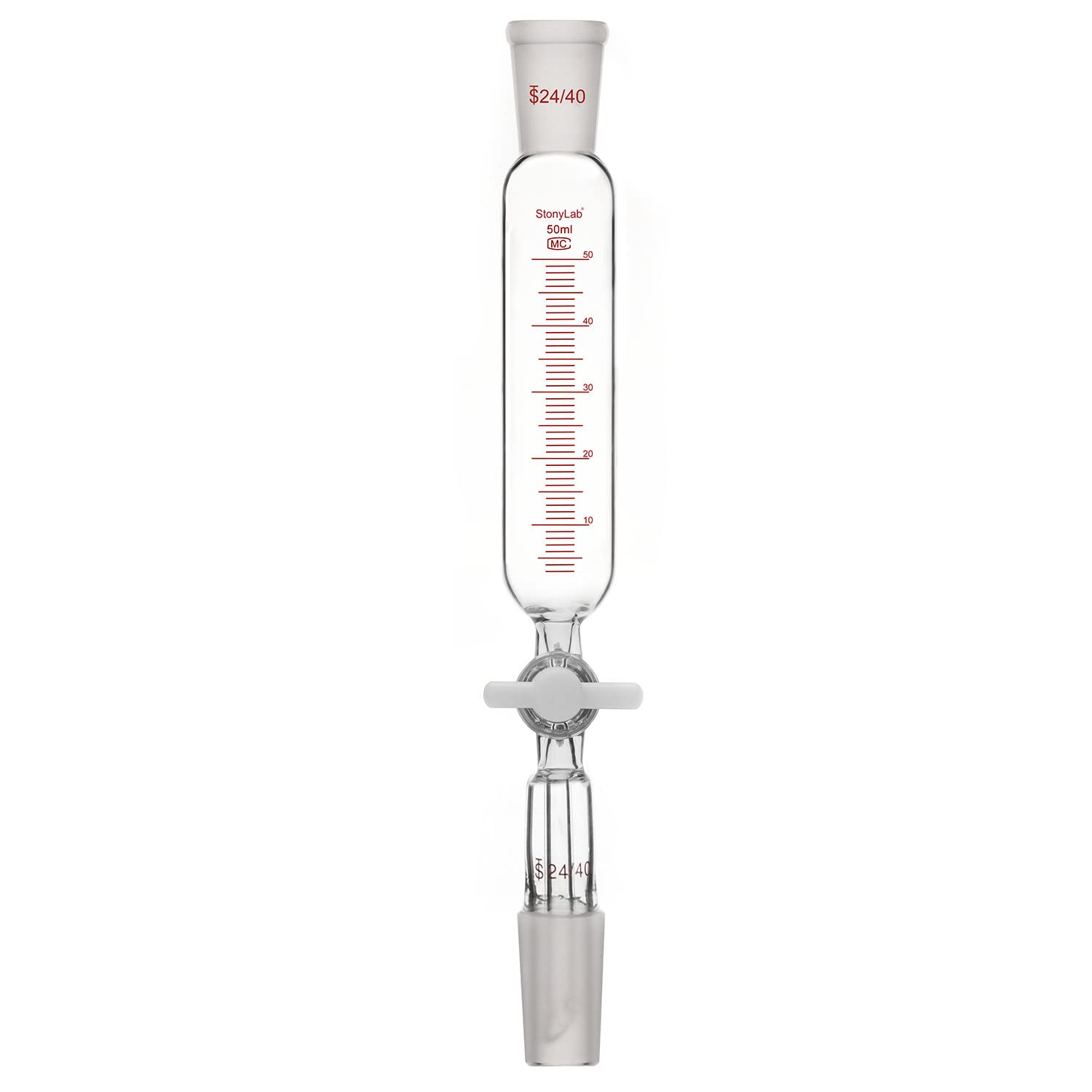 Stonylab 50ml Borosilicate Glass Pressure Equalizing Addition Funnel with PTFE Stopcock & 24/40 Joint - Graduated Dropping Funnel for Precise Liquid Transfer in Chemistry Labs, Essential for Distillation, Titration & Organic Synthesis Experiments