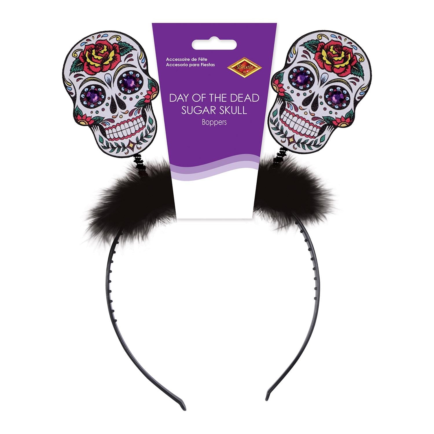 12 Pack Beistle Day of the Dead Sugar Skull Boppers - Colorful Party Headbands for Halloween, Dia de los Muertos Celebrations & Costume Accessories
