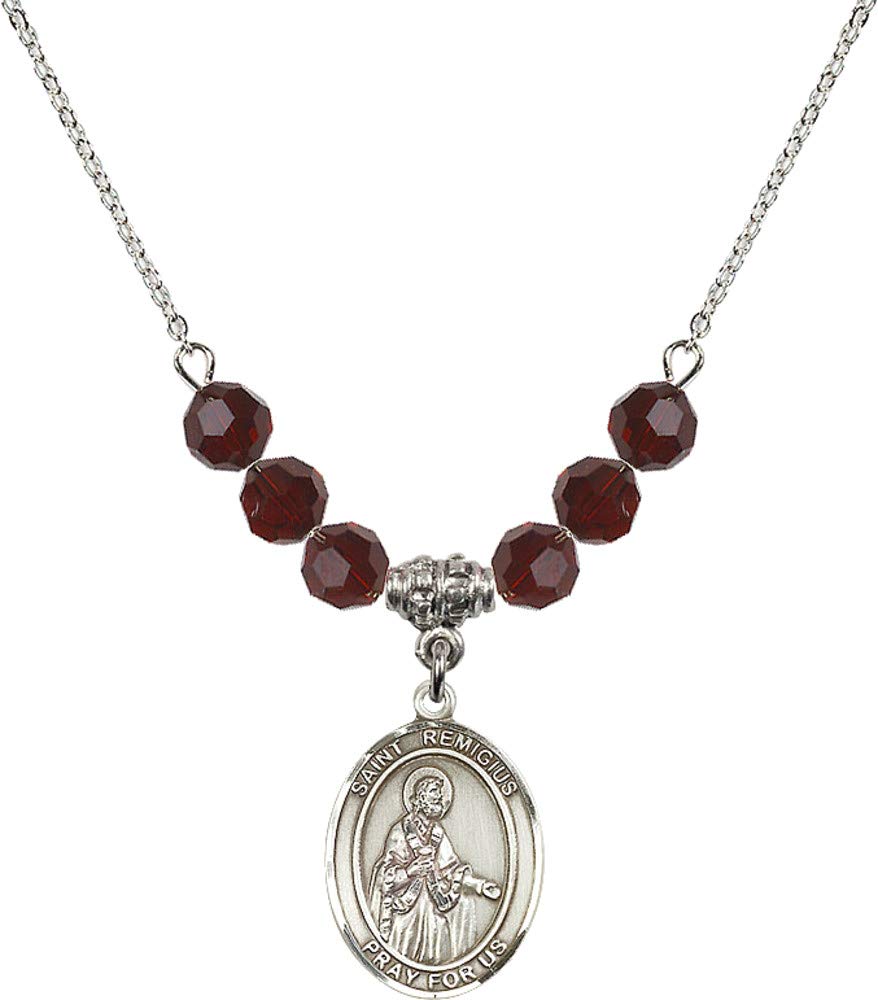 Bonyak 18 Inch Rhodium Plated Necklace with 6mm Red January Birthstone Beads & Saint Remigius of Reims Charm - Perfect Gift for Birthdays, Anniversaries & Religious Occasions