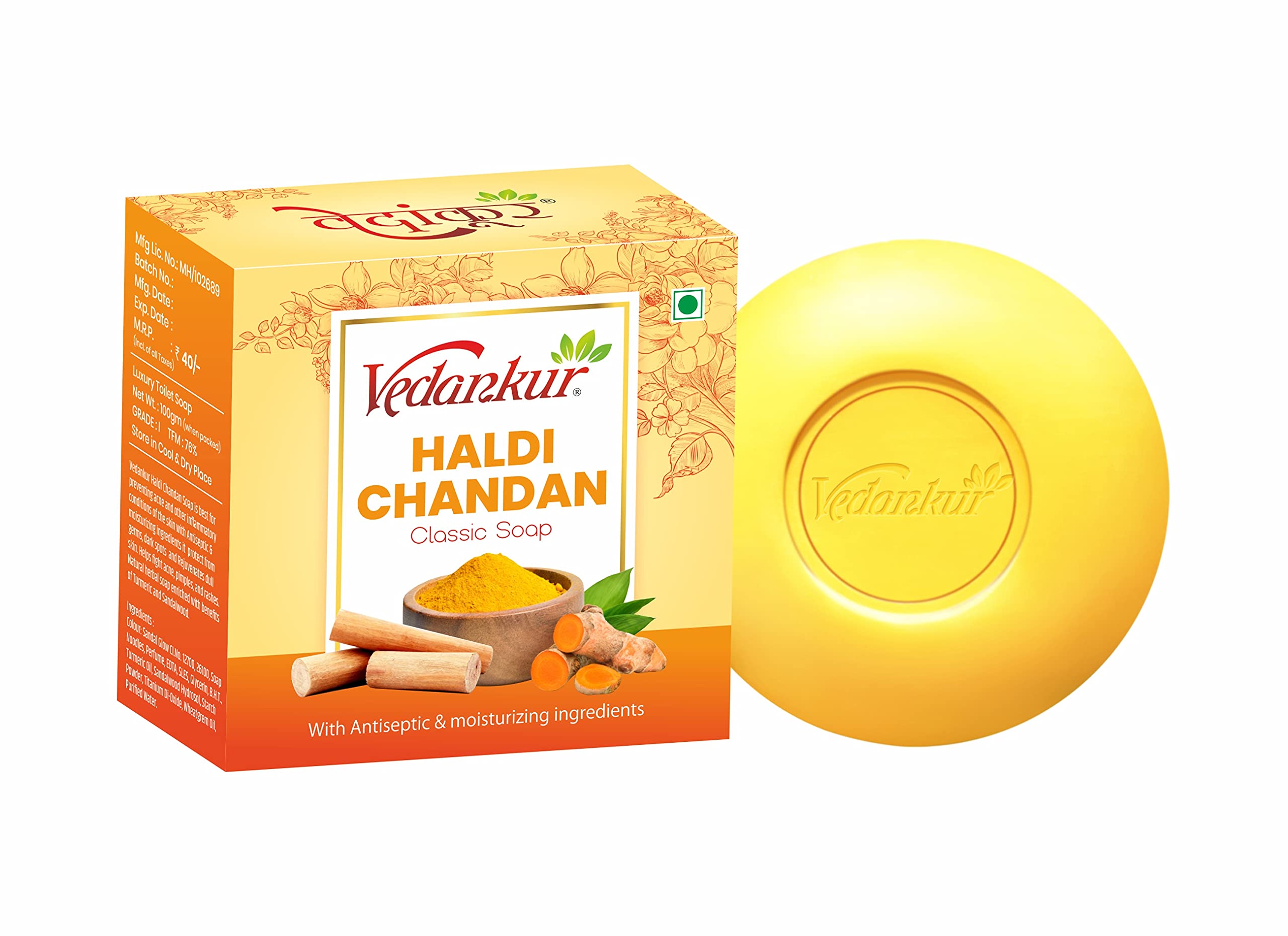 VEDANKUR Haldi Chandan Soap - Pack of 6 Bars | Natural Turmeric & Sandalwood Soap for Glowing Skin | Perfect for Daily Use, Gifting & Ayurvedic Skincare Routine
