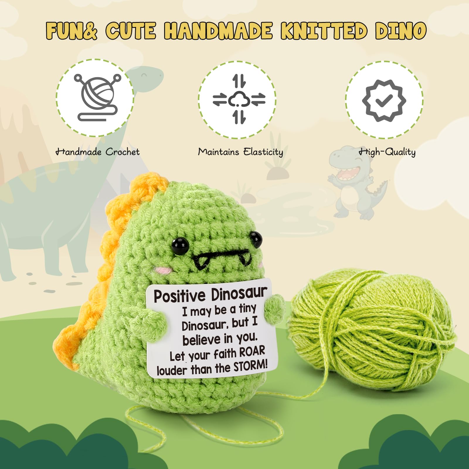 Handmade Crochet Mini Dinosaur Plush Toy - Cute Inspirational Gift for Teens, Kids, Coworkers & College Students | Perfect for Easter Baskets, Birthdays, Mother's Day, Graduation Decor & Motivational Gifts | Great for Room Decor, Study Motivation & Stress Relief