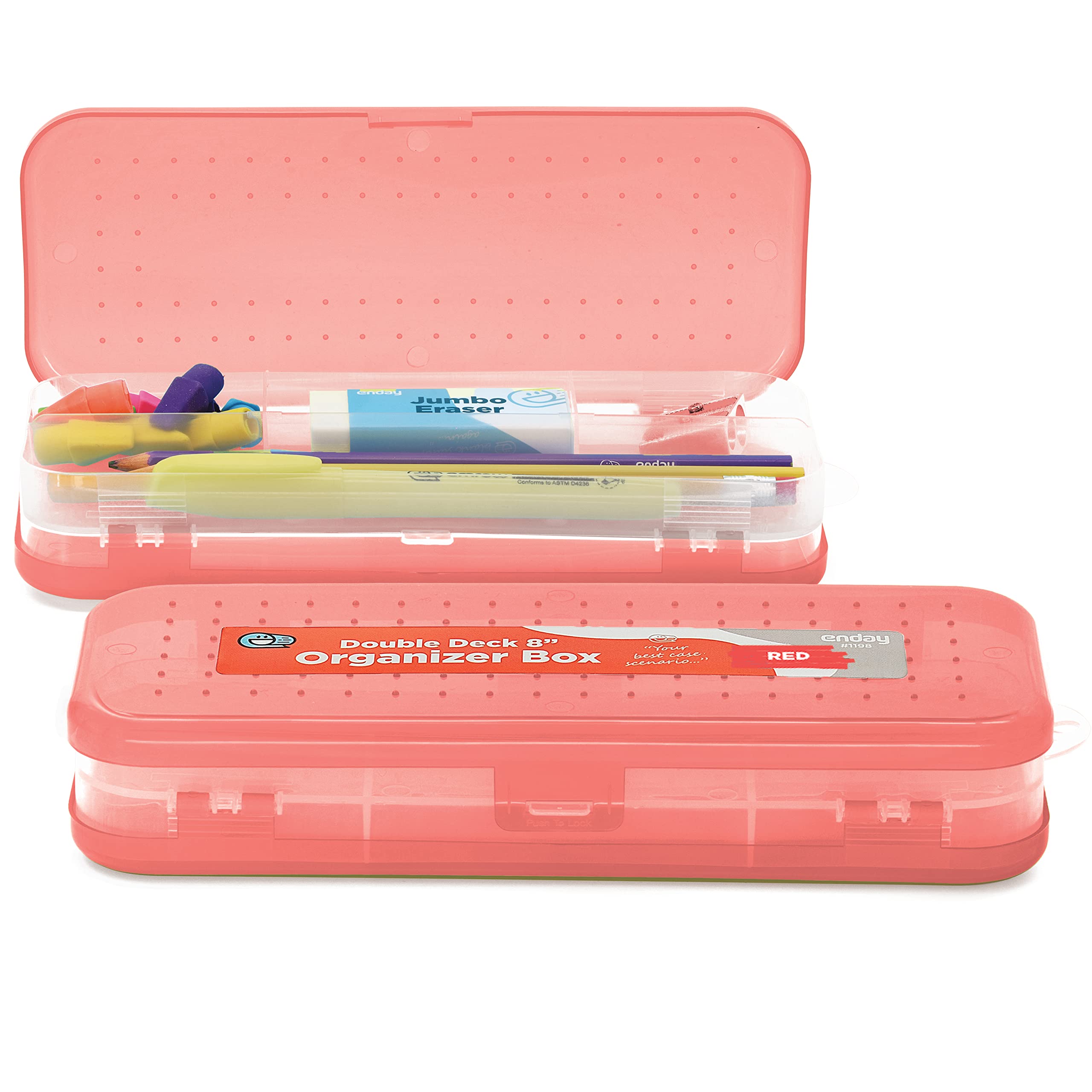 **Enday Plastic Double Deck Pencil Case - 5 Compartments Storage Organizer for School & Office Supplies (Red, Pink, Purple, Blue, Green, Grey) - Perfect for Students, Artists & Professionals**