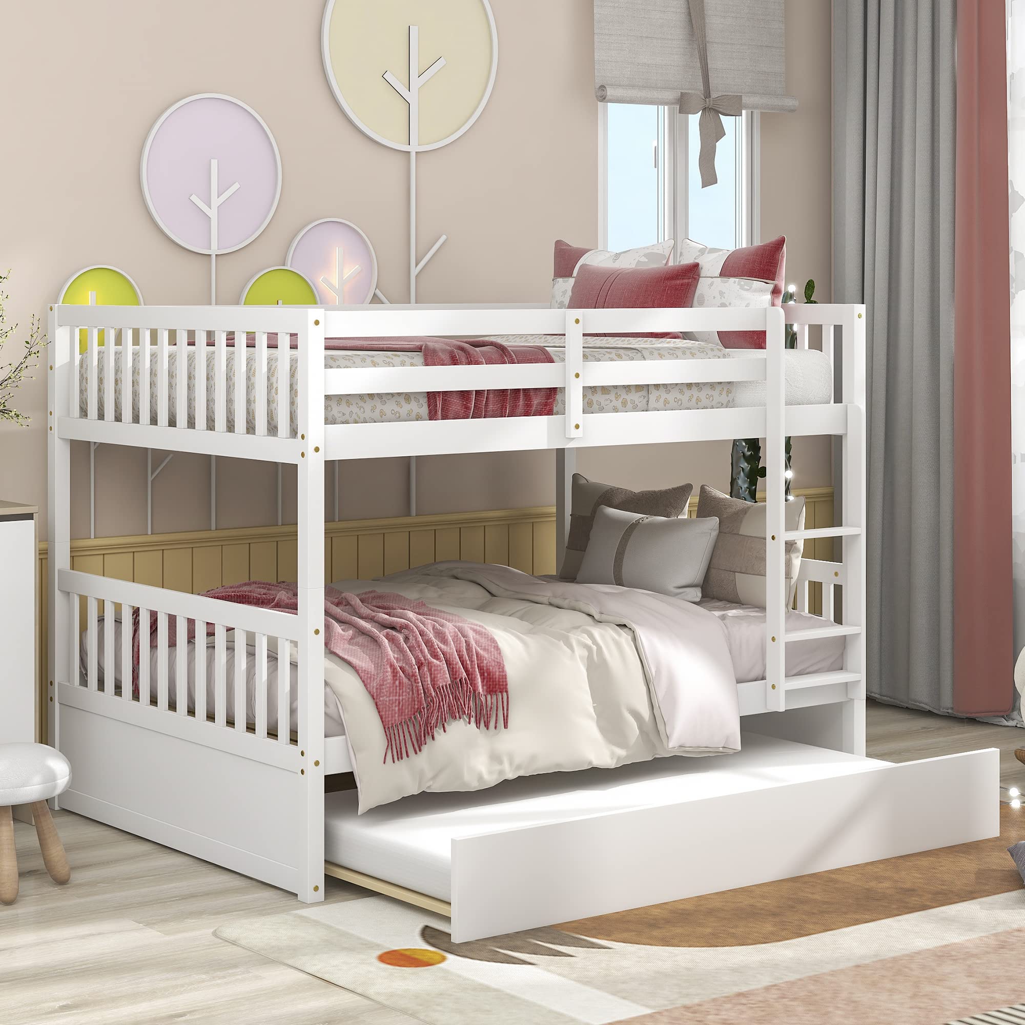 Convertible Full Over Full Bunk Bed with Trundle - Wooden Twin Bunk Bed for Kids, Teens & Adults - Separates into 2 Standalone Beds - White - Perfect for Small Rooms, Guest Rooms & Vacation Homes
