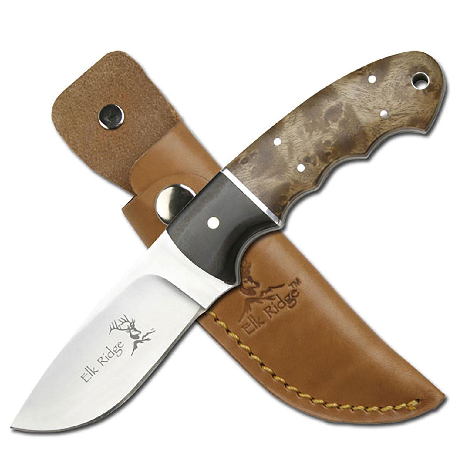 Elk Ridge ER-128 Outdoor Fixed Blade Knife - 8 Inch Full Tang 440 Stainless Steel Mirror Finish - Burl Wood Handle with Genuine Leather Sheath - Hunting, Camping, Survival Gear - Perfect for Bushcraft, Tactical Use & Outdoor Adventures