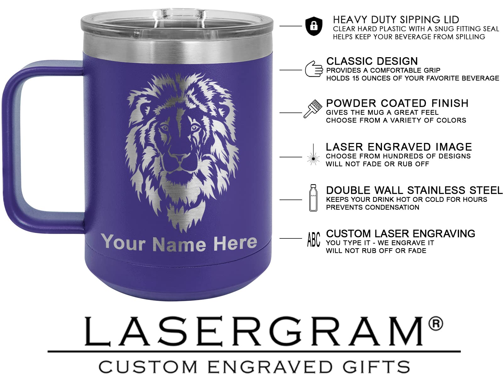 LaserGram 15oz Vacuum Insulated Coffee Tumbler with California Bear Flag Design - Personalized Engraved Stainless Steel Travel Mug (Dark Purple) - Perfect for Office, Camping & Outdoor Adventures