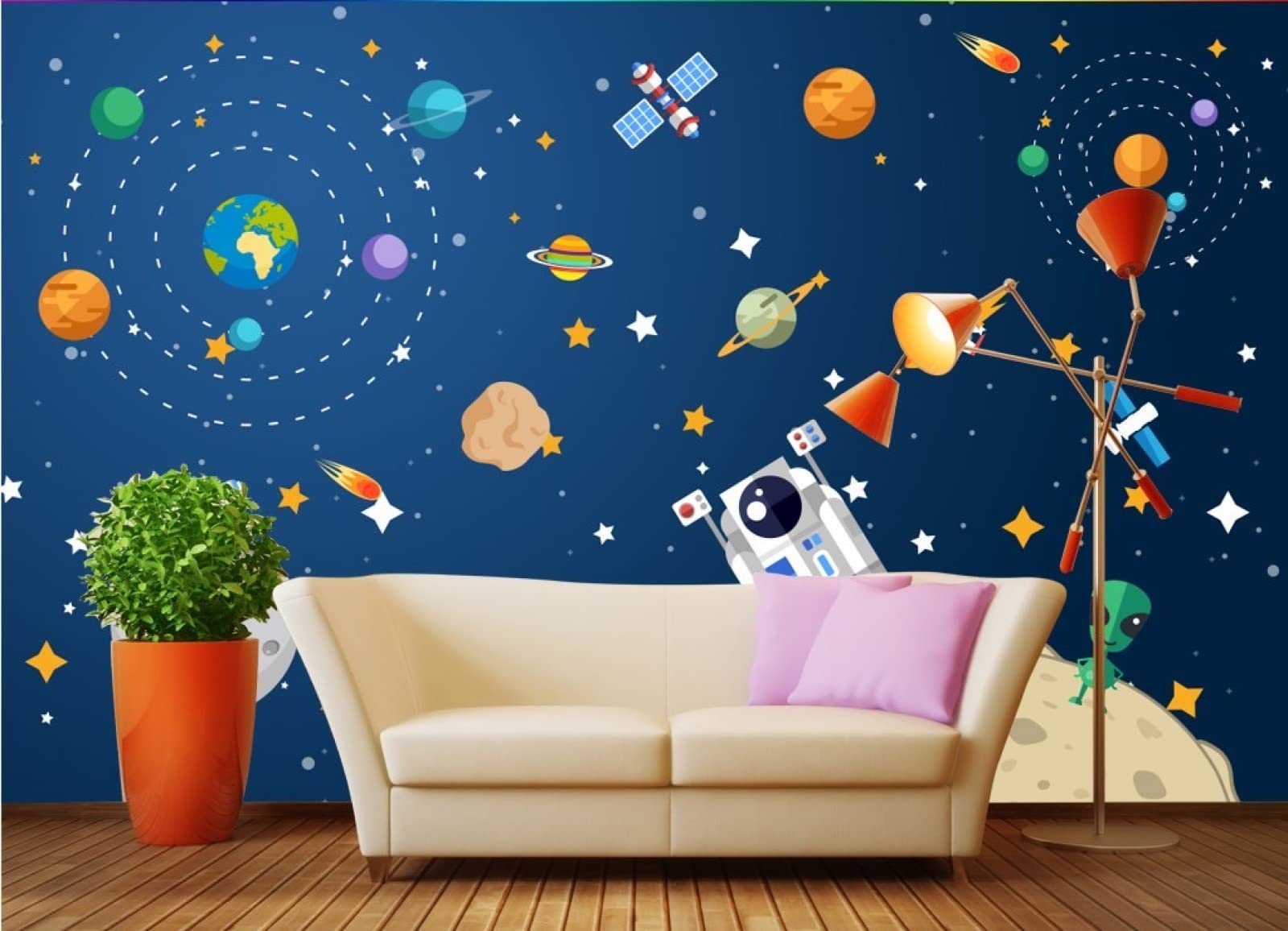 3D Space Galaxy Planets Wall Sticker for Kids Room - Outer Space Nursery Decor, Kindergarten Wall Art, Cartoon Wallpaper Mural (350x245cm) - Perfect for Bedroom, Playroom & Classroom Space Theme Decor