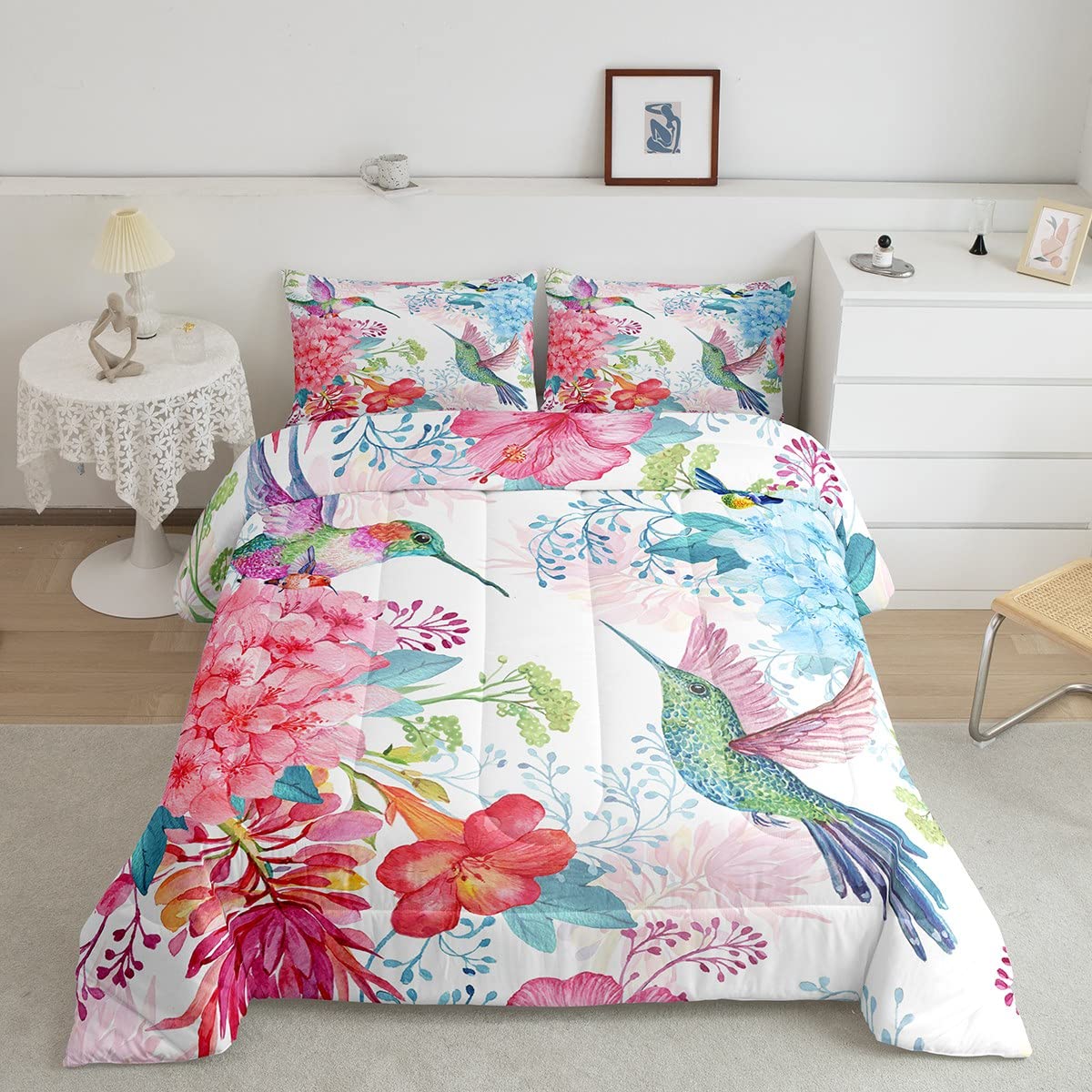 Feelyou Hummingbird Comforter Set - Tropical Birds & Blossoming Iris Flowers Microfiber Duvet Cover for Kids (Twin Size) | Soft Pink Bedding for Boys & Girls | Perfect for Nursery, Bedroom Decor & Gift