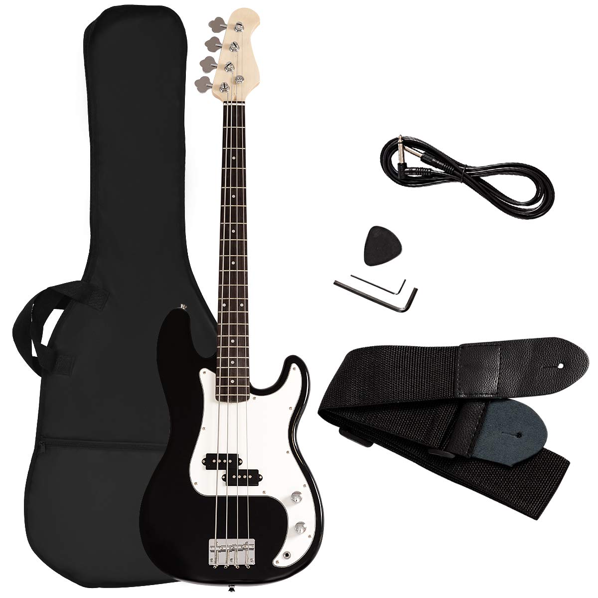 Goplus Full Size 4 String Electric Bass Guitar with Gig Bag, Amp Cord & Adjustable Strap - Professional Black Bass Guitar for Beginners & Musicians - Perfect for Live Performances, Studio Recording & Practice Sessions