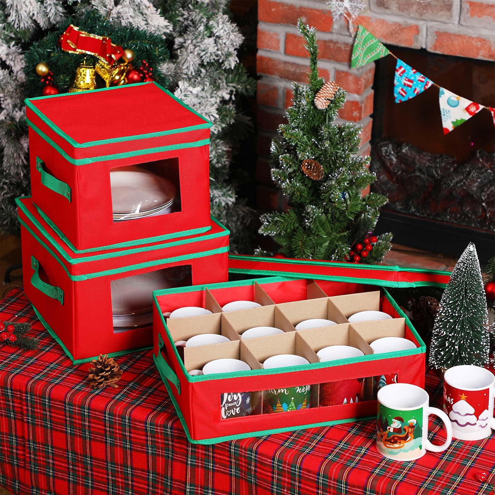 3-Piece Christmas-Themed Plate Storage Containers with Dividers & 40 Felt Protectors – 5-Inch Mug Organizer for Kitchen, Dining, and Holiday Decor Storage – Perfect for Cabinet, Pantry, and Countertop Organization