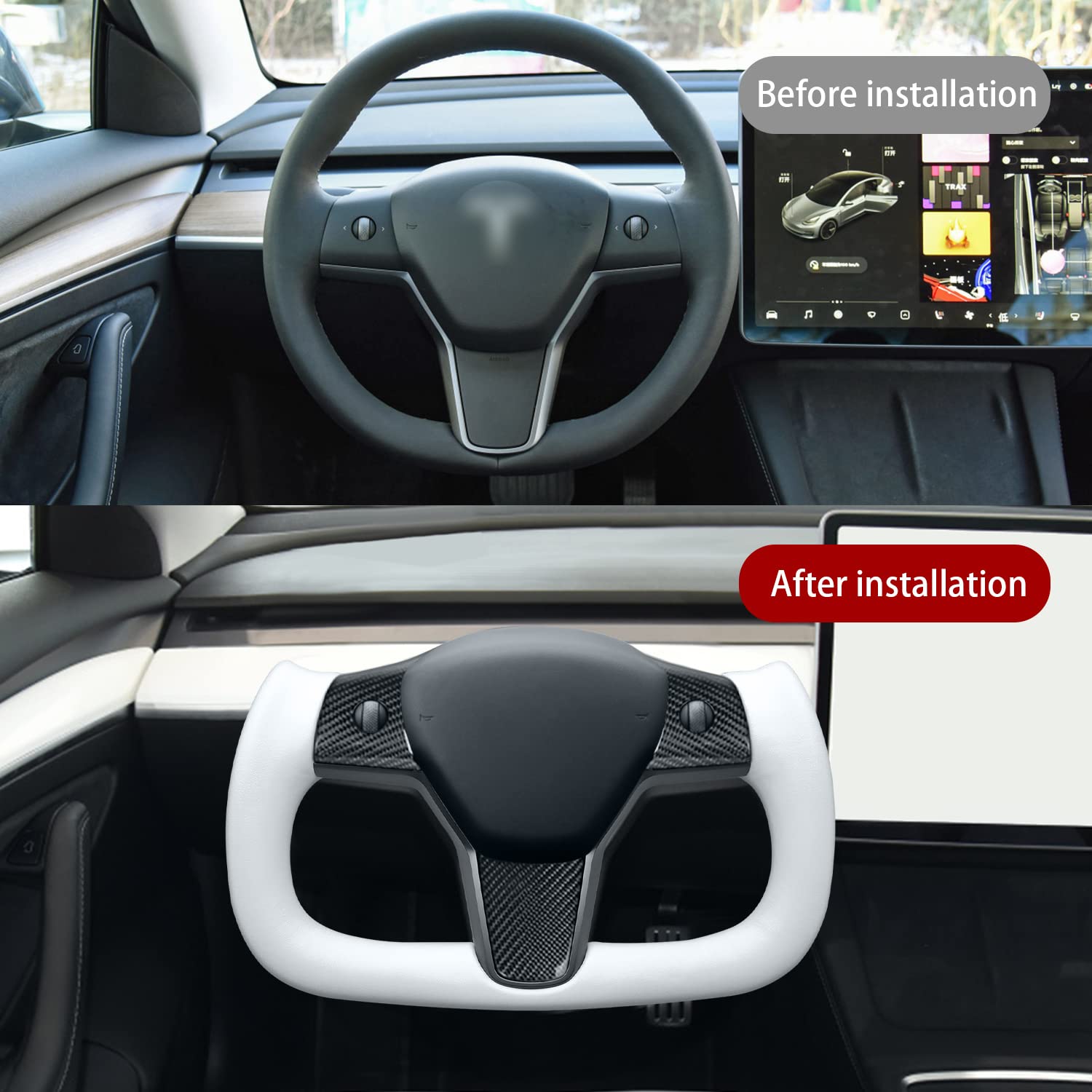 Premium Glossy Carbon Fiber Heated Steering Wheel for Tesla Model 3 & Model Y (White) | Yoke Style Aircraft Disc Design | All Years Compatible | Winter Driving & Luxury Interior Upgrade