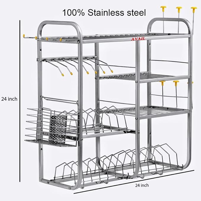 Stainless Steel 24x24 Inch Wall Mount Kitchen Dish Rack - Plate Cutlery Stand & Kitchen Organizer with Shelves (Pack of 1) - Perfect for Small Kitchens, Apartments & Space Saving Storage