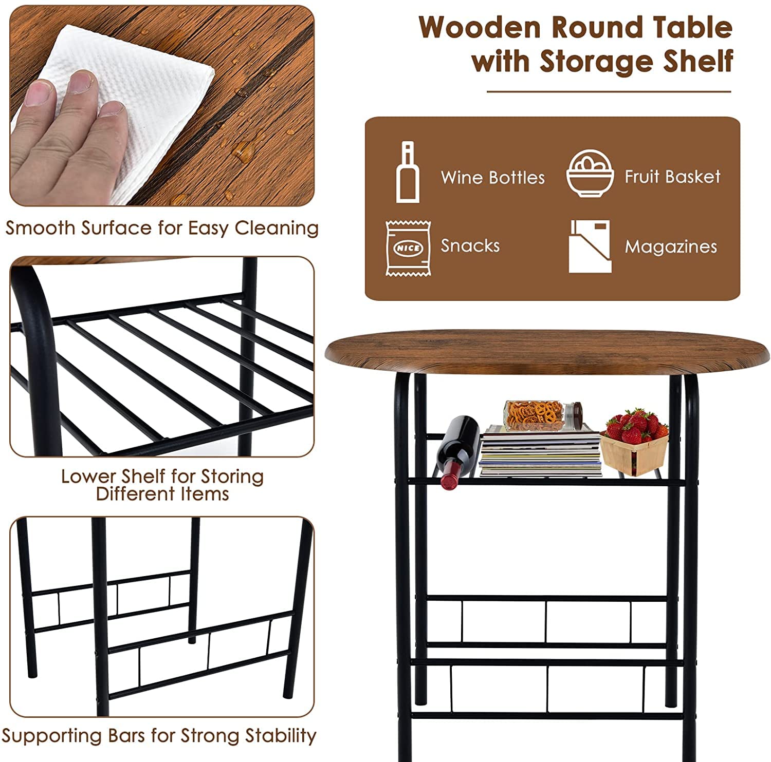 FANTASK 3-Piece Dining Table Set with 2 Chairs - Compact Kitchen Table with Metal Frame & Storage Shelf - Space-Saving Breakfast Nook Set for Apartments, Small Kitchens, Cafes (Black & Brown) - Perfect for Morning Coffee, Casual Meals & Small Space Dining