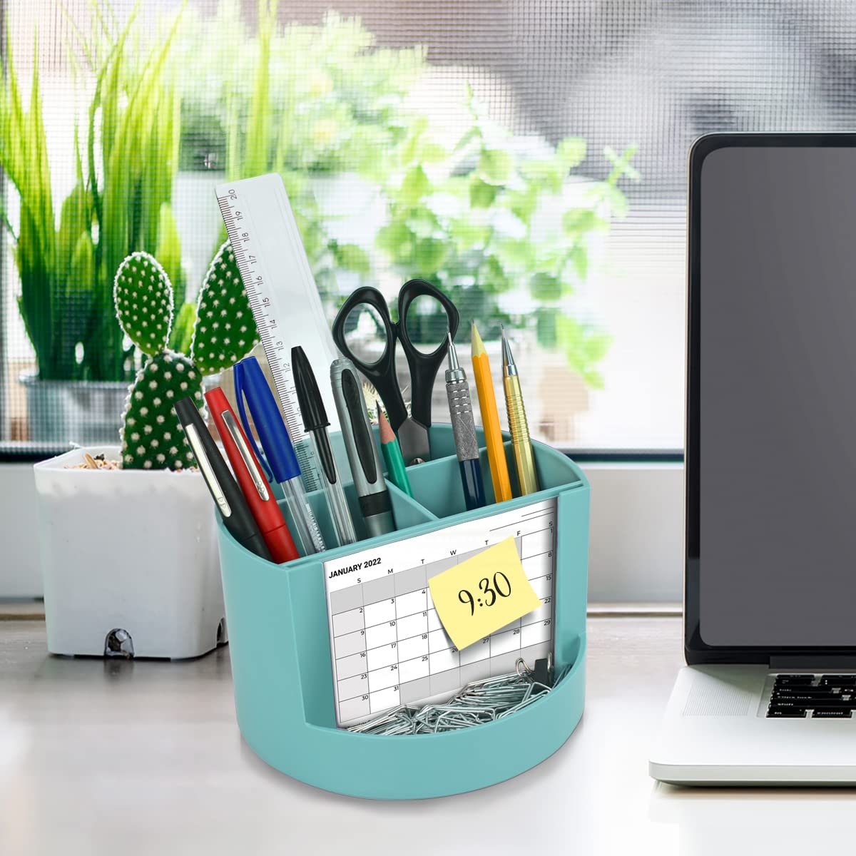 Acrimet Compact Desktop Organizer - 4 Spacious Slots Round Pencil & Accessories Holder with Photo Frame | Perfect for Office Desk, Art Supplies Storage, Vanity Organizer & Home Organization | Durable Solid Green Plastic | Great for Work, Study & Crafting Spaces