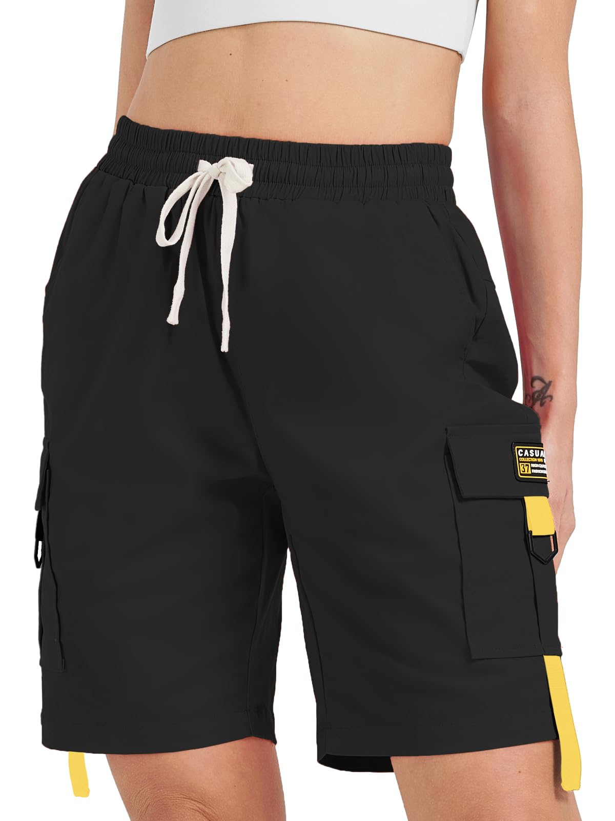 XinYangNi Women's Casual Cargo Shorts with Pockets - Elastic High Waist Drawstring Bermuda Shorts for Women | Perfect for Hiking, Travel & Summer Outdoor Activities