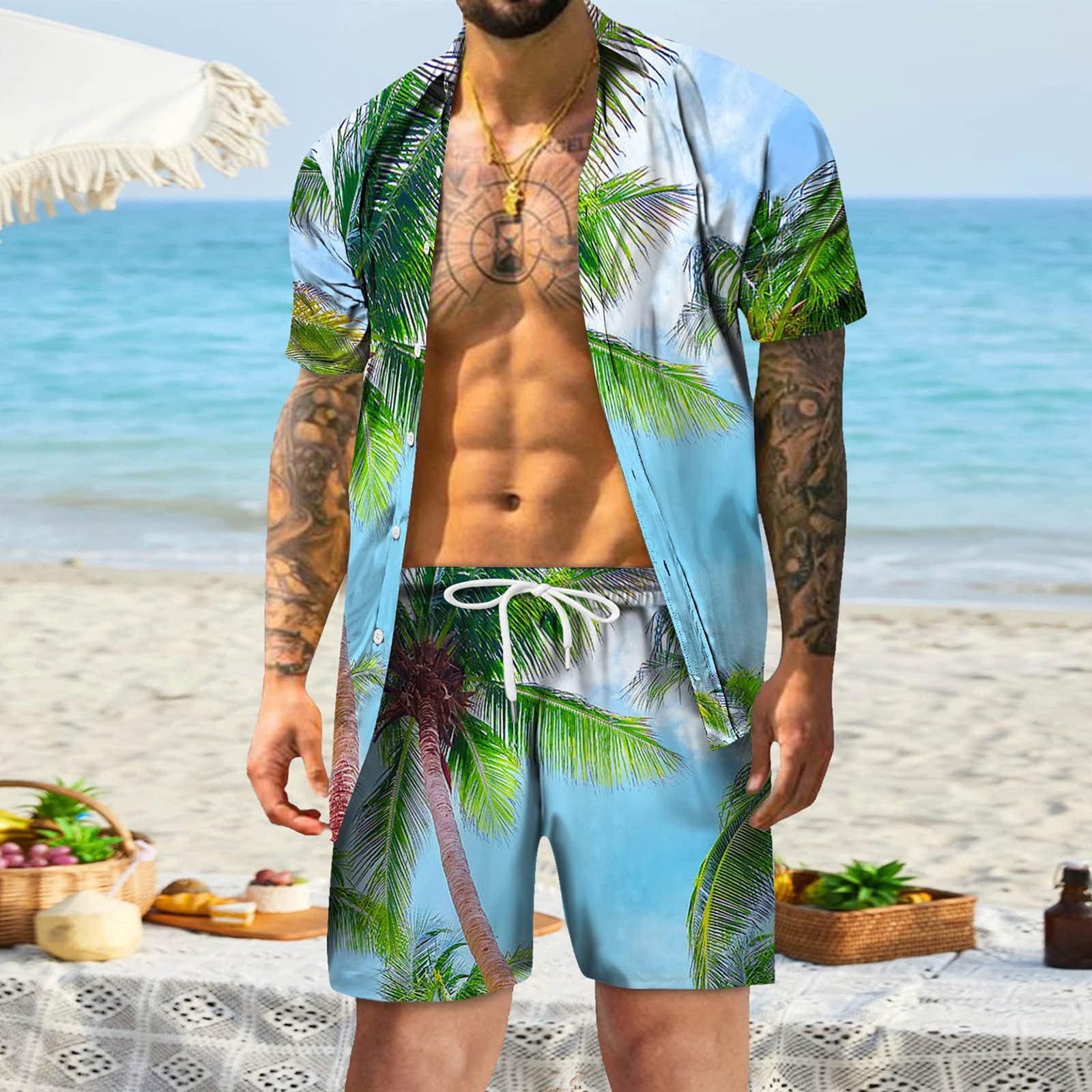 **Men's Hawaiian Shirt and Shorts 2-Piece Set – Classic-Fit Printed Linen Button-Up Shirt & UPF 50+ Casual Shorts for Spring, Summer, Beach, BBQ, Honeymoon, and Vacation Outfits**