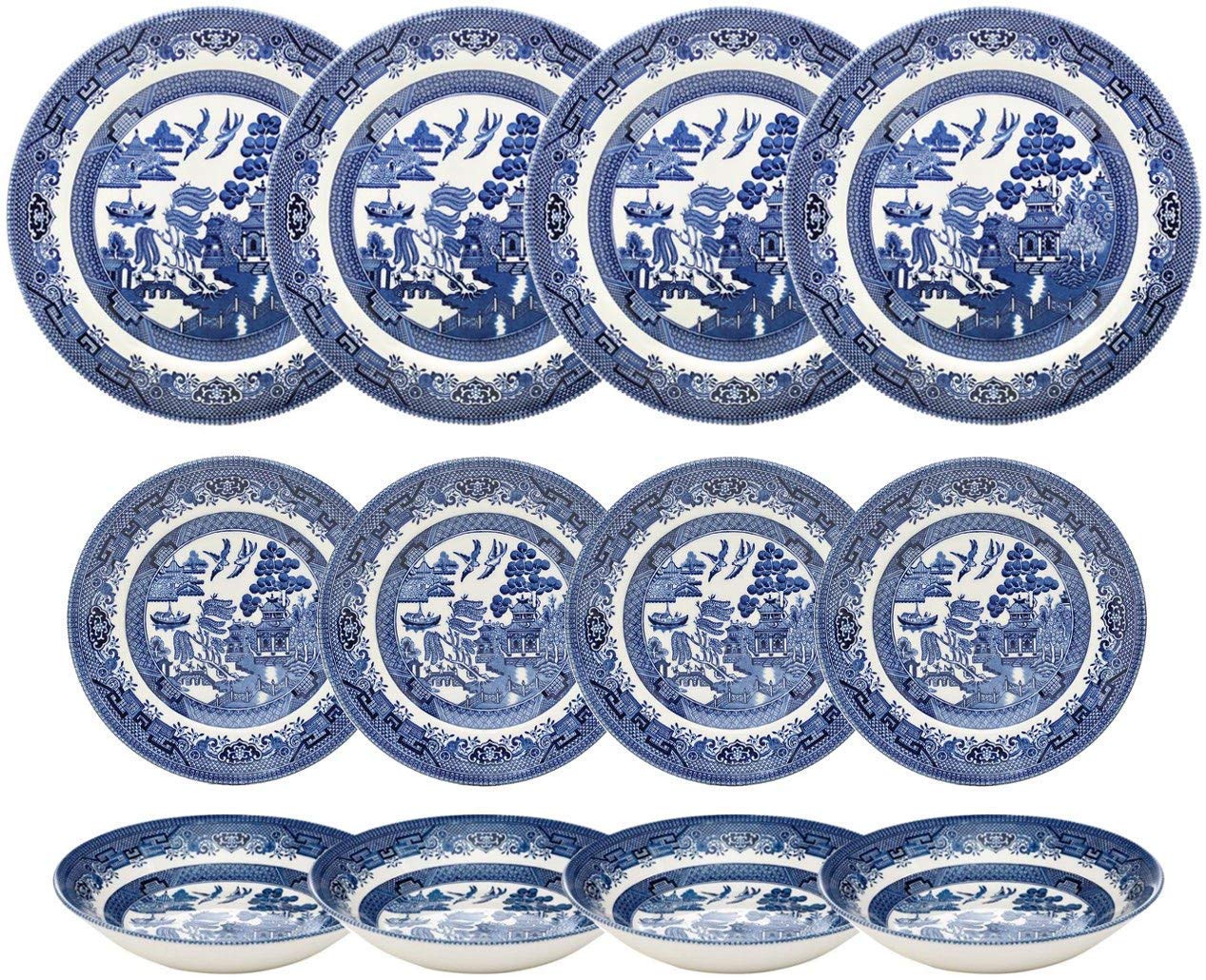 Churchill Blue Willow 12-Piece Dinnerware Set - Dinner Plates, Salad Plates & Coupe Bowls | English Made Porcelain | Perfect for Formal Dining, Wedding Registry & Vintage Table Settings