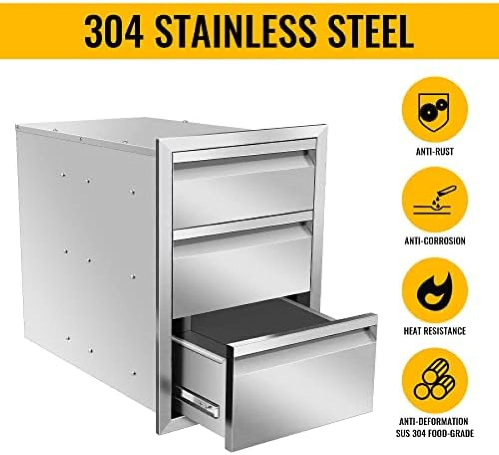 Stainless Steel Outdoor Kitchen Drawers - Triple Access Combo Flush Mount Island Drawers (16W x 21H x 23D Inch) - Perfect for BBQ Islands, Patio Cabinets & Outdoor Cooking Stations