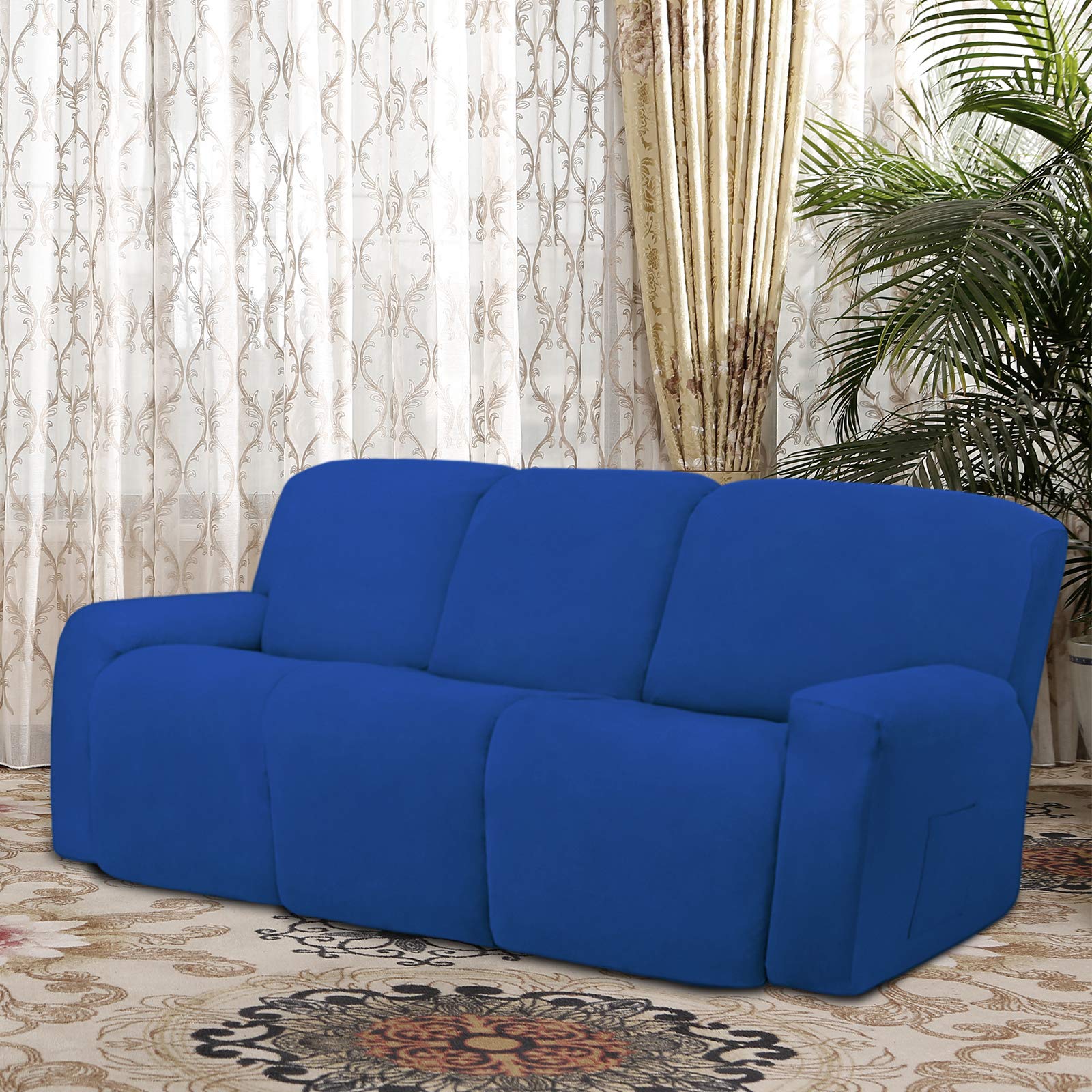 8-Piece Microfiber Stretch Sectional Recliner Sofa Slipcover - Soft Fitted Fleece 3-Seat Couch Cover - Washable Furniture Protector with Elasticity for Kids & Pets (Classic Blue) - Perfect for Living Room, Family Room & Home Theater Comfort
