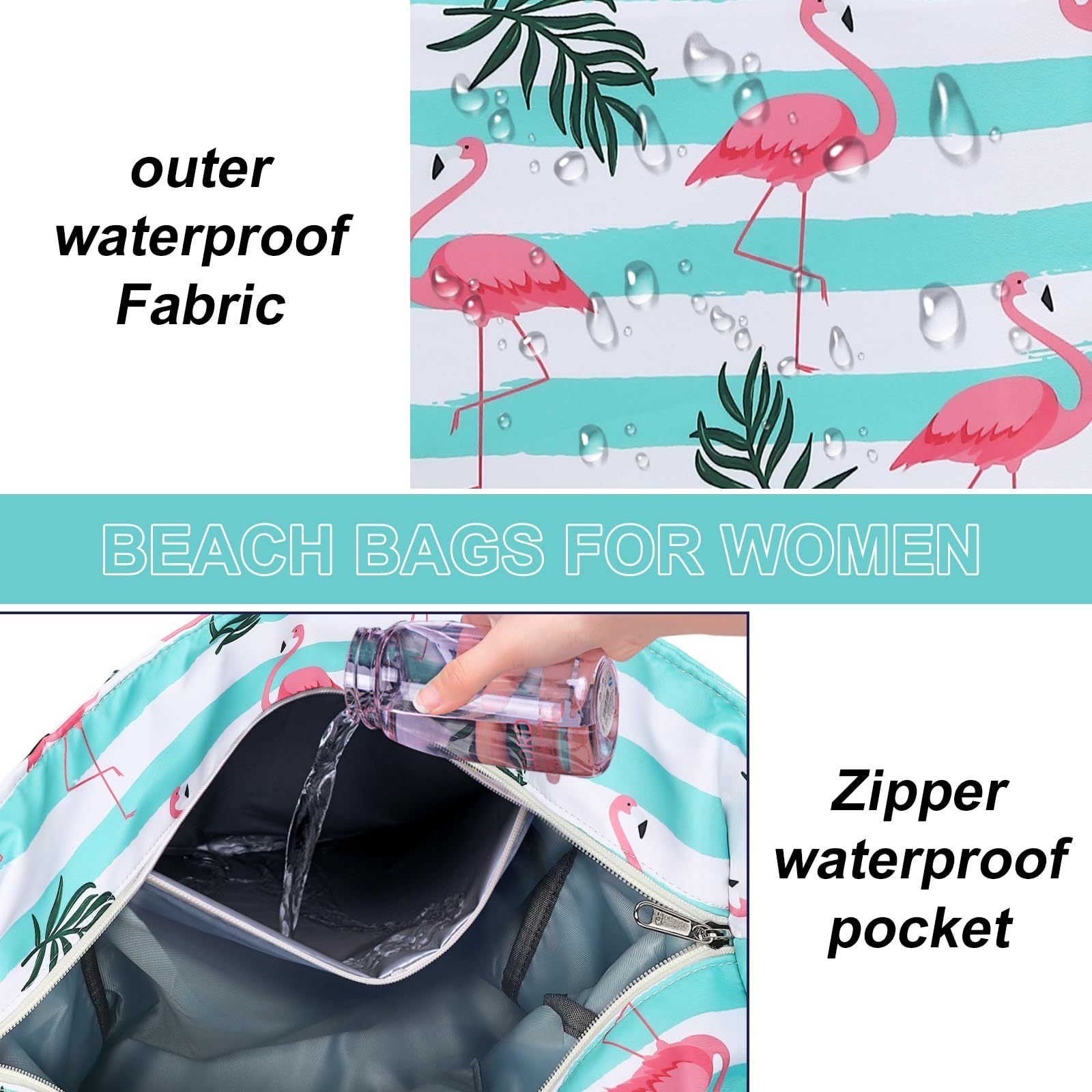 Waterproof & Sandproof Beach Tote Bag for Women - Large Zippered Pool Bag with Wet Pocket - Perfect for Gym, Grocery Shopping, Travel & Beach Outings