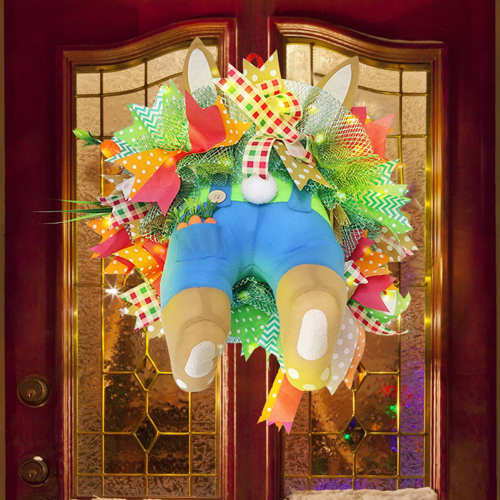 LED Lighted Easter Bunny Wreath for Front Door - Spring Rabbit Decor with Lights for Indoor/Outdoor - Easter Door Hanging Decorations, Wall & Window Welcome Sign - Perfect for Home, Porch, Party & Holiday Decor