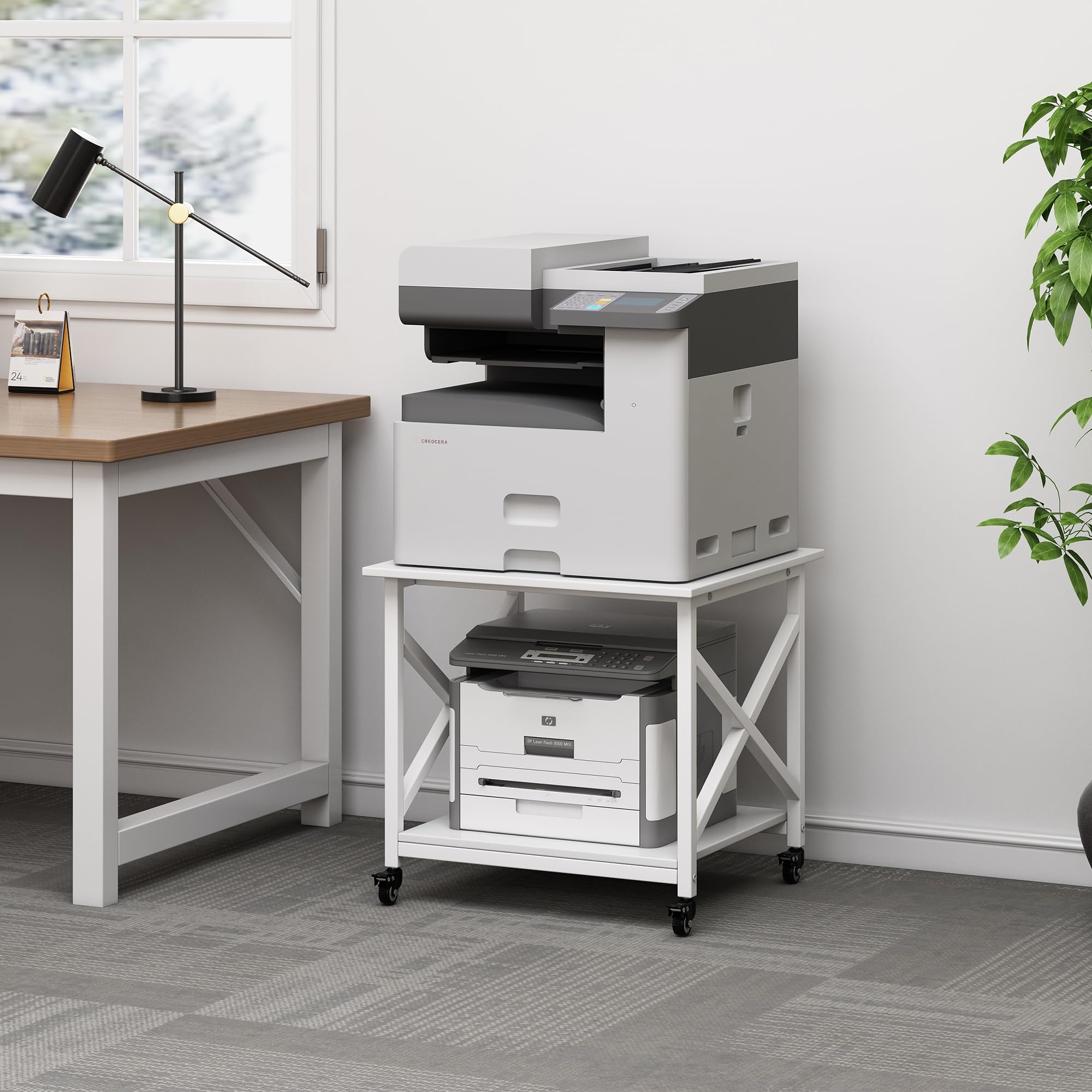 23.6 x 23.6 Inches Large Printer Stand with Storage Shelf | 2-Tier Square Rolling Cart with Wheels for Home Office | Compatible with Laser Printer, 3D Printer & Mini Fridge | Multi-Purpose Mobile Organizer for Workspace & Living Room - White