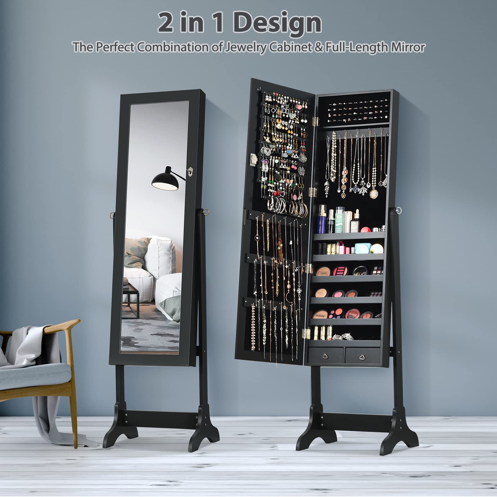 Lockable Full-Length Mirror Jewelry Armoire Organizer - Large Jewelry Storage Cabinet with 4 Adjustable Hooks & 2 Drawers, 2-in-1 Jewelry Box for Necklaces, Rings & Accessories - Perfect for Bedroom, Closet & Dressing Room (Black)