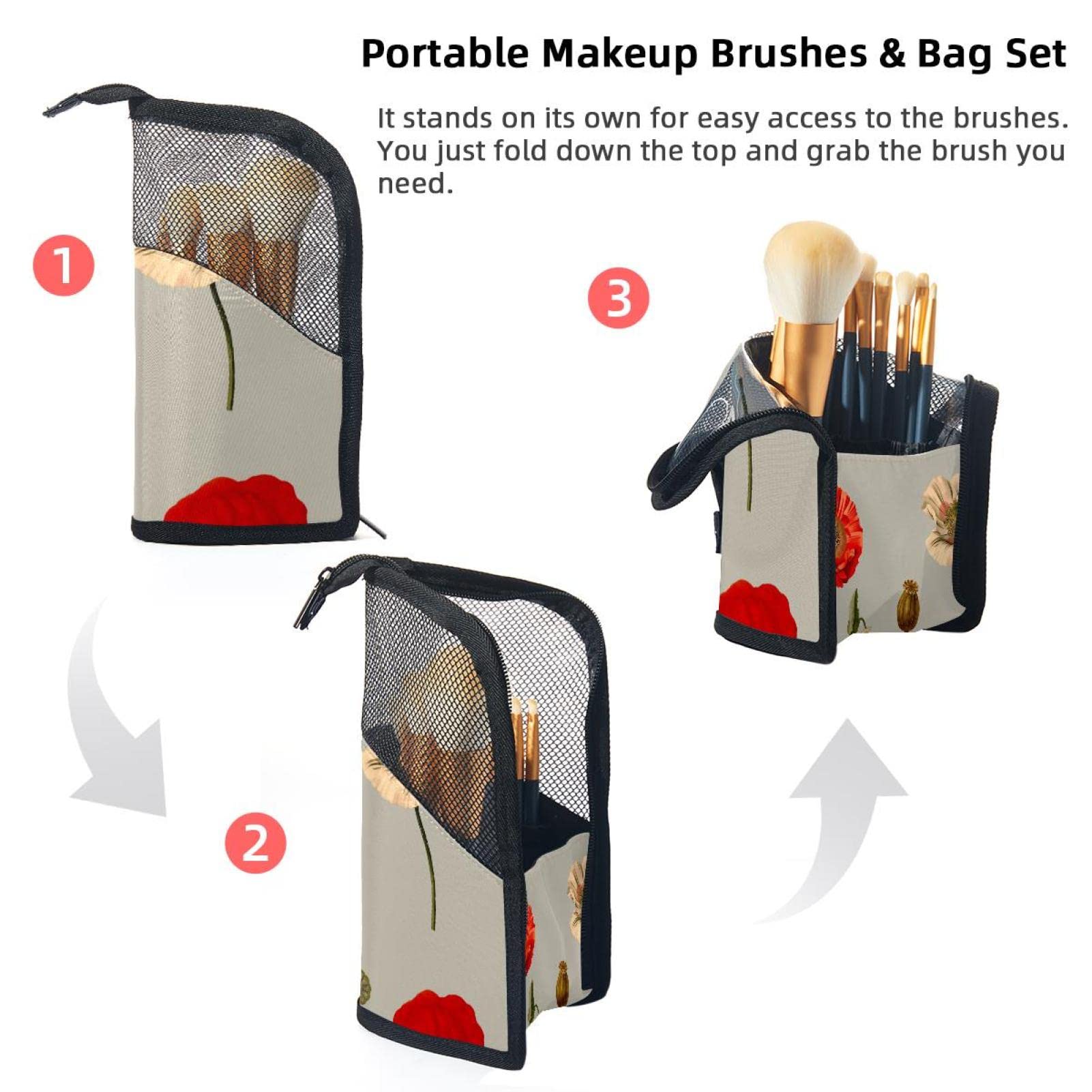 12-Piece Makeup Brush Organizer Bag with Poppy Flowers Design - Portable Cosmetic Brush Holder Case for Travel & Home Storage