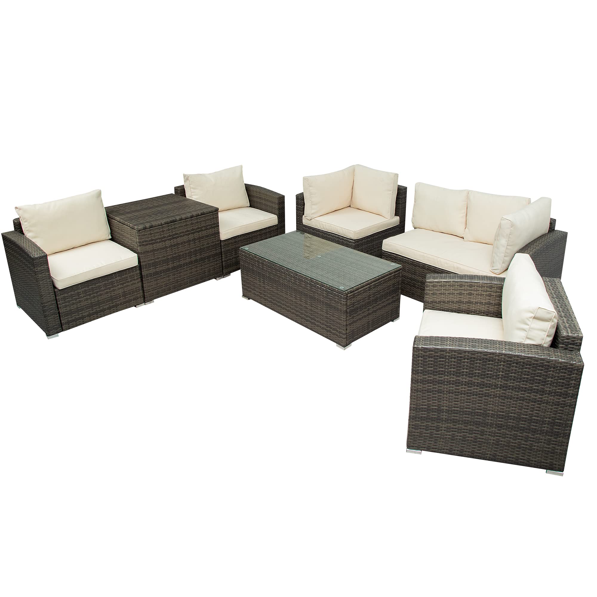 7-Piece Outdoor Patio Furniture Set - All-Weather PE Rattan Wicker Sofa with Cushions, Coffee Table & Storage - Beige - Perfect for Backyard, Garden, Poolside & Terrace Relaxation