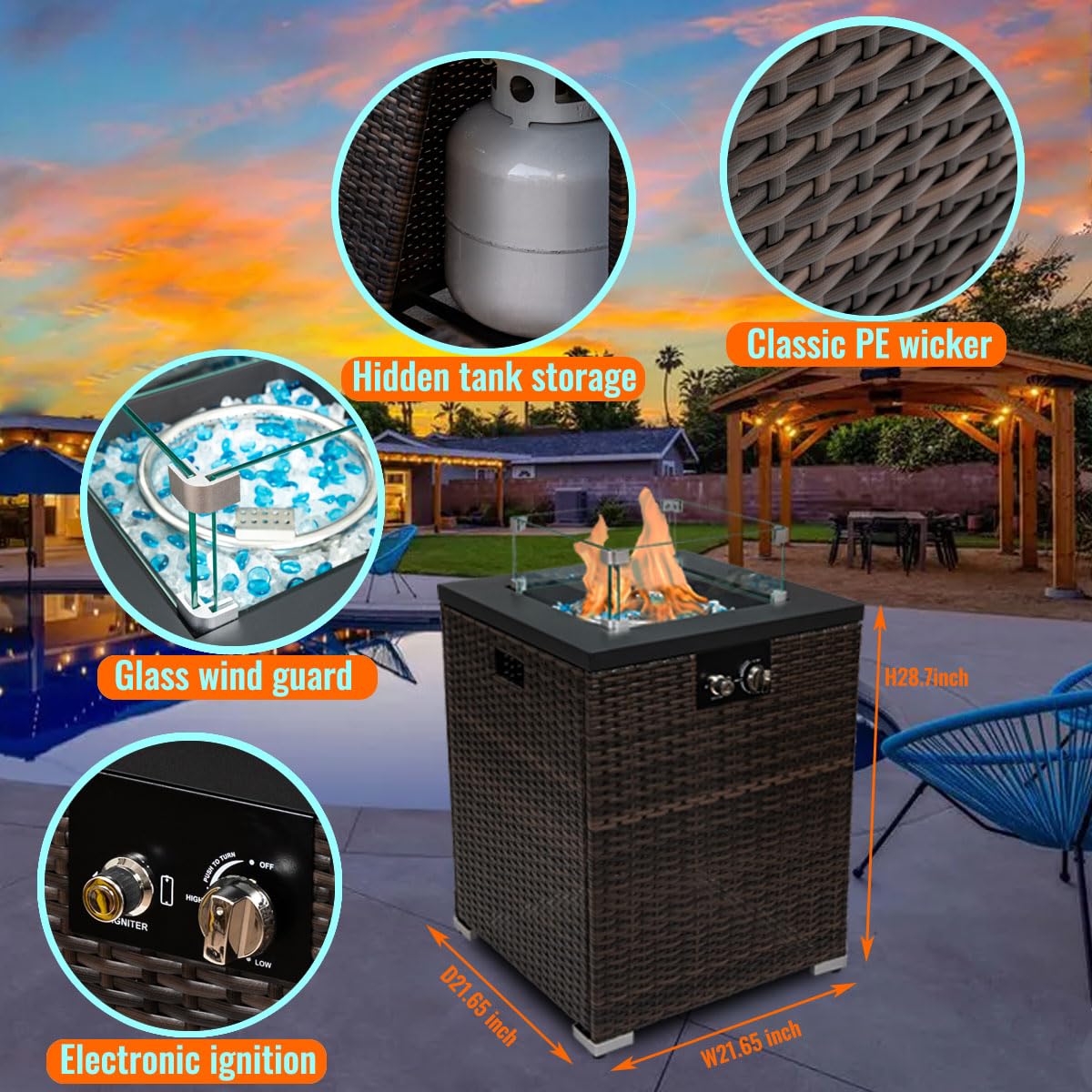 22in Outdoor Propane Gas Fire Pit Table - 40,000 BTU Auto-Ignition Fire Pit with Wind Guard & Glass Rocks - Weather-Resistant Steel Tabletop & Brown PE Rattan - Perfect for Patio, Backyard, and Garden Gatherings