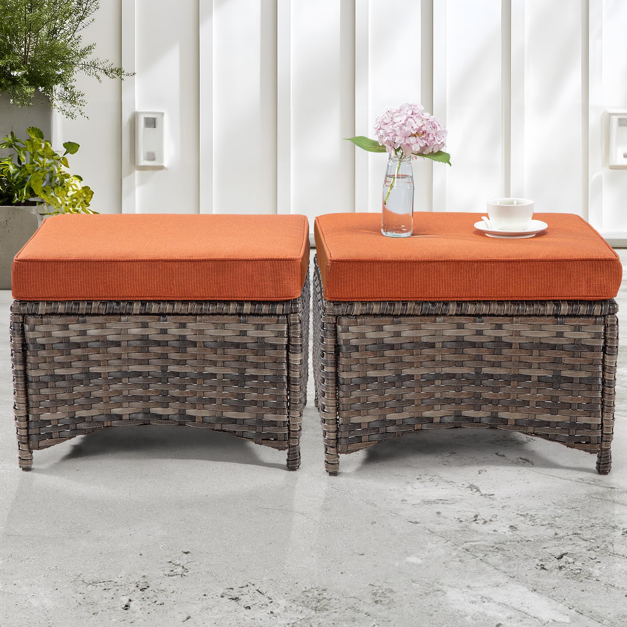 Joyside Outdoor Ottomans Set of 2 - PE Wicker Steel Frame Footstool with Removable Olefin Cushions for Patio, Garden, Backyard & Deck - Orange | Perfect for Outdoor Lounging, Poolside Relaxation & Entertaining Guests