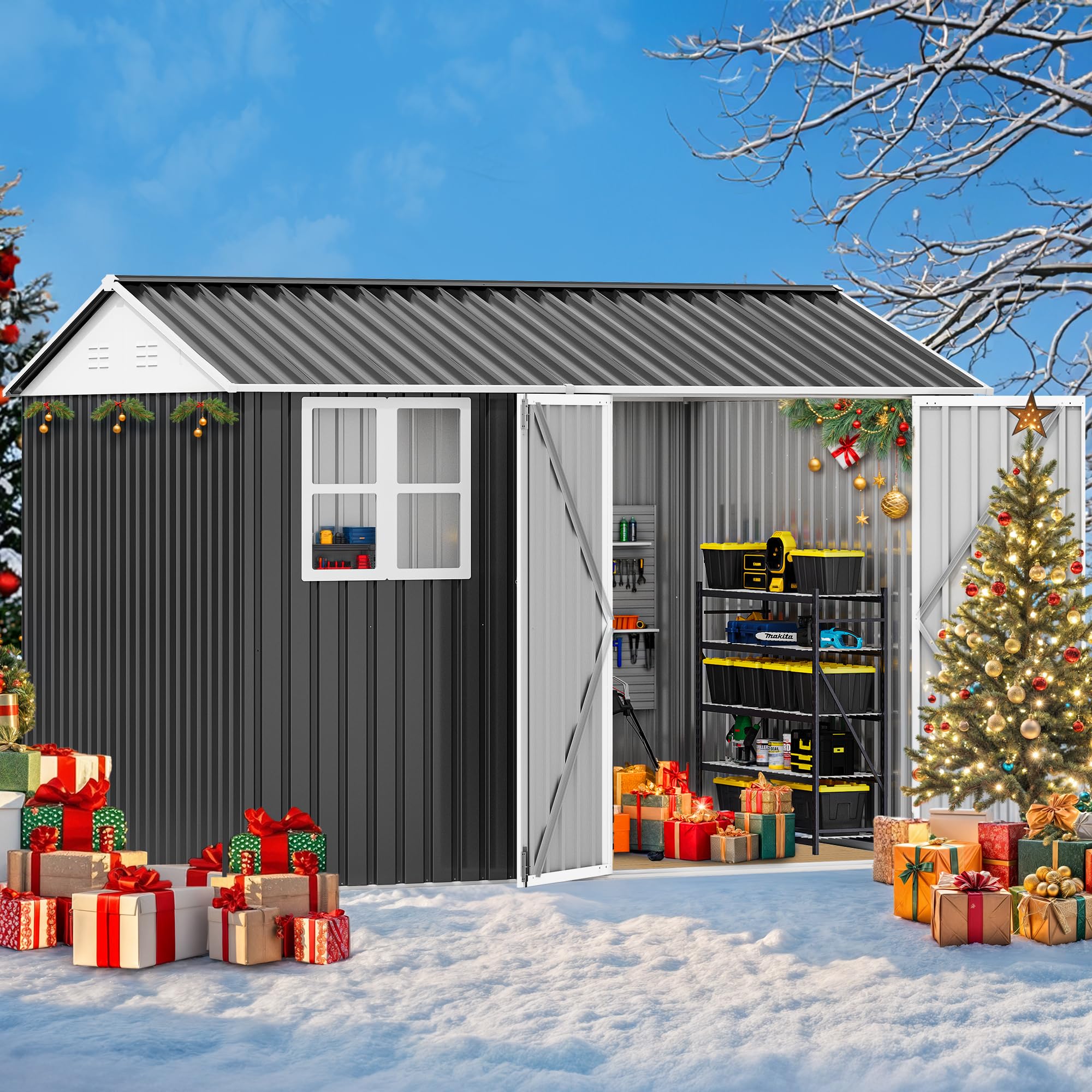 DWVO 10x8ft Heavy Duty Metal Outdoor Storage Shed with Window & Lockable Door - Large Steel Garden Shed with Sloped Roof for Backyard, Patio, Garage - Perfect for Storing Lawn Equipment, Tools & Seasonal Items (Dark Gray)
