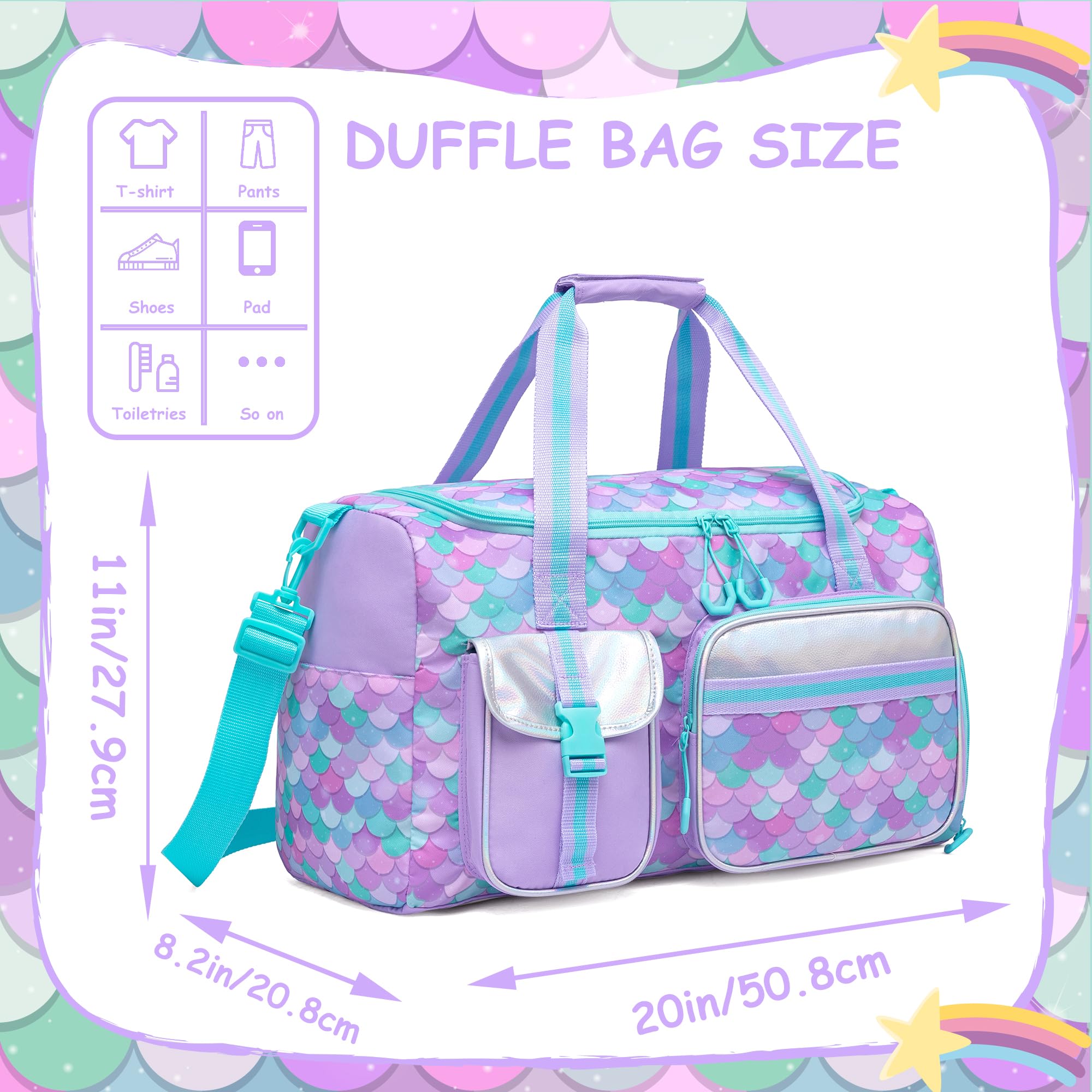 **Mermaid Kids Duffle Bag - Girls Gym Bag, Travel Bag, Dance Bag, Overnight & Weekender Bag with Shoe Compartment - Perfect for School, Sports, Sleepovers & Travel**