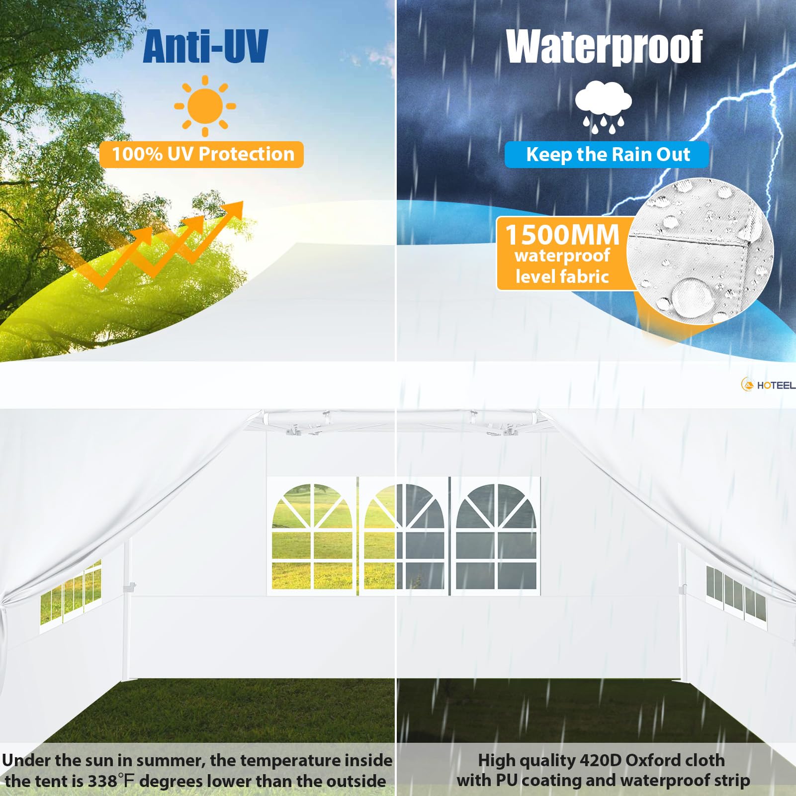 HOTEEL 10x15 Heavy Duty Pop Up Canopy Tent with 4 Sidewalls - Easy Setup Hexagonal Frame Commercial Gazebo for Outdoor Events, Weddings & Parties - Includes Roller Bag & Sand Bags (White) - Perfect for Backyard Gatherings, Farmers Markets & Beach Outings