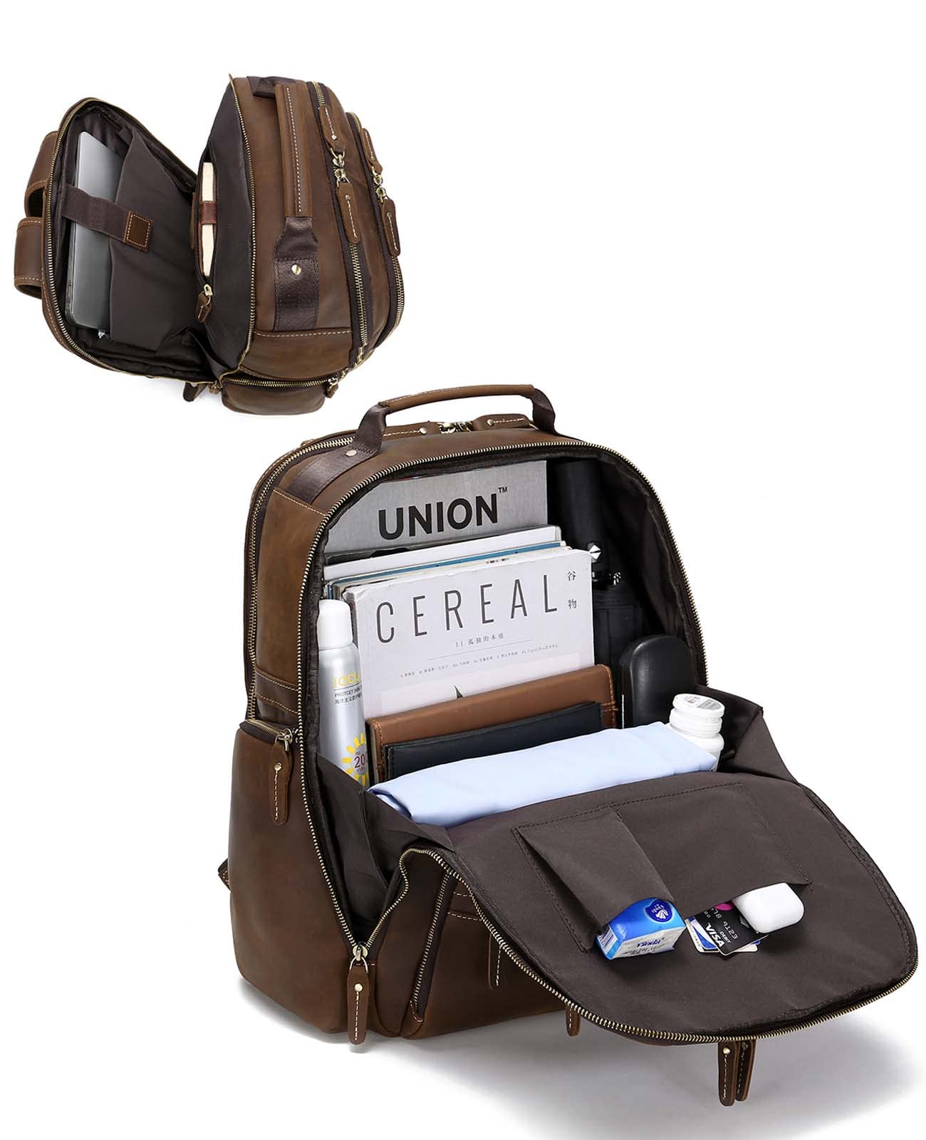 Genuine Leather Backpack for Men - Vintage 17.3 Inch Laptop Bag with Large Capacity (36L) - Perfect for Business Travel, Hiking, Overnight Trips & Daily Use
