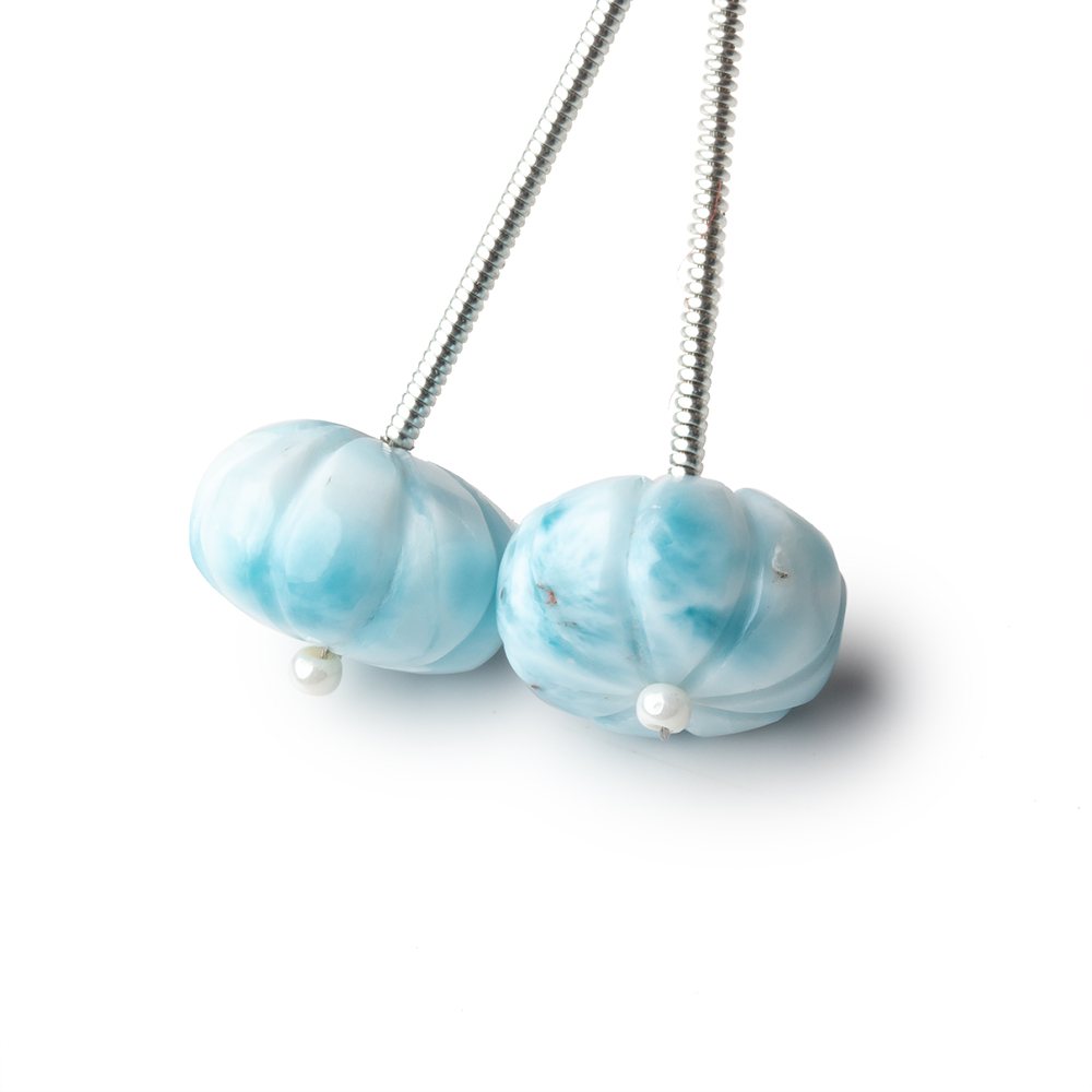 12.5mm Natural Larimar Carved Melon Beads - Set of 2 Genuine Gemstone Focal Beads for Jewelry Making, DIY Bracelets & Necklaces - Perfect for Boho, Handmade & Healing Crystal Designs