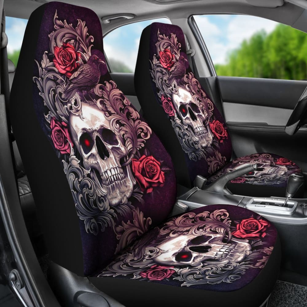 2 Pcs Gothic Skull Floral Rose Car Seat Covers - Universal Fit for Cars, Trucks & SUVs - Stylish Protection for Seats - Perfect for Halloween, Gothic & Punk Style Lovers