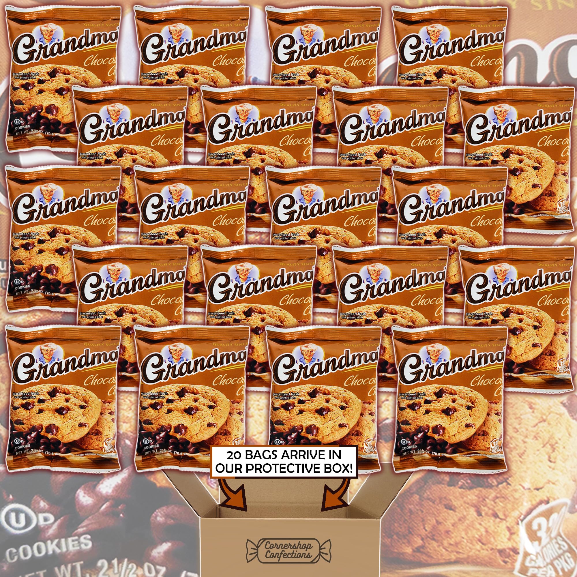 Grandma's Chocolate Chip Cookies Bulk Pack - 20 Individually Wrapped 2.5oz Bags (2 Large Cookies Each) - Perfect for Birthdays, Lunch Boxes, Office Snacks & Road Trips - Delicious Homemade-Style Cookies for Gifts, Parties & Family Gatherings - Cornershop Confections
