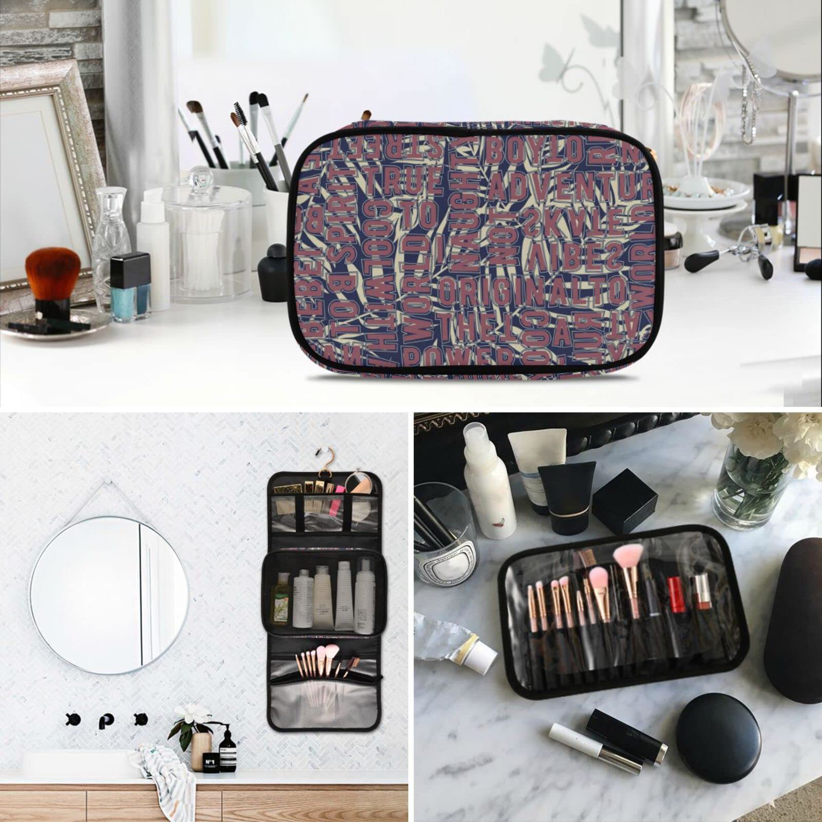 Susiyo 3-Piece Alphabet Letters Palm Leaf Toiletry Bag Set - Portable Travel Cosmetic Case & Makeup Brush Organizer for Women & Girls | Perfect for Vacation, Gym, Beach Trips & Daily Essentials Storage