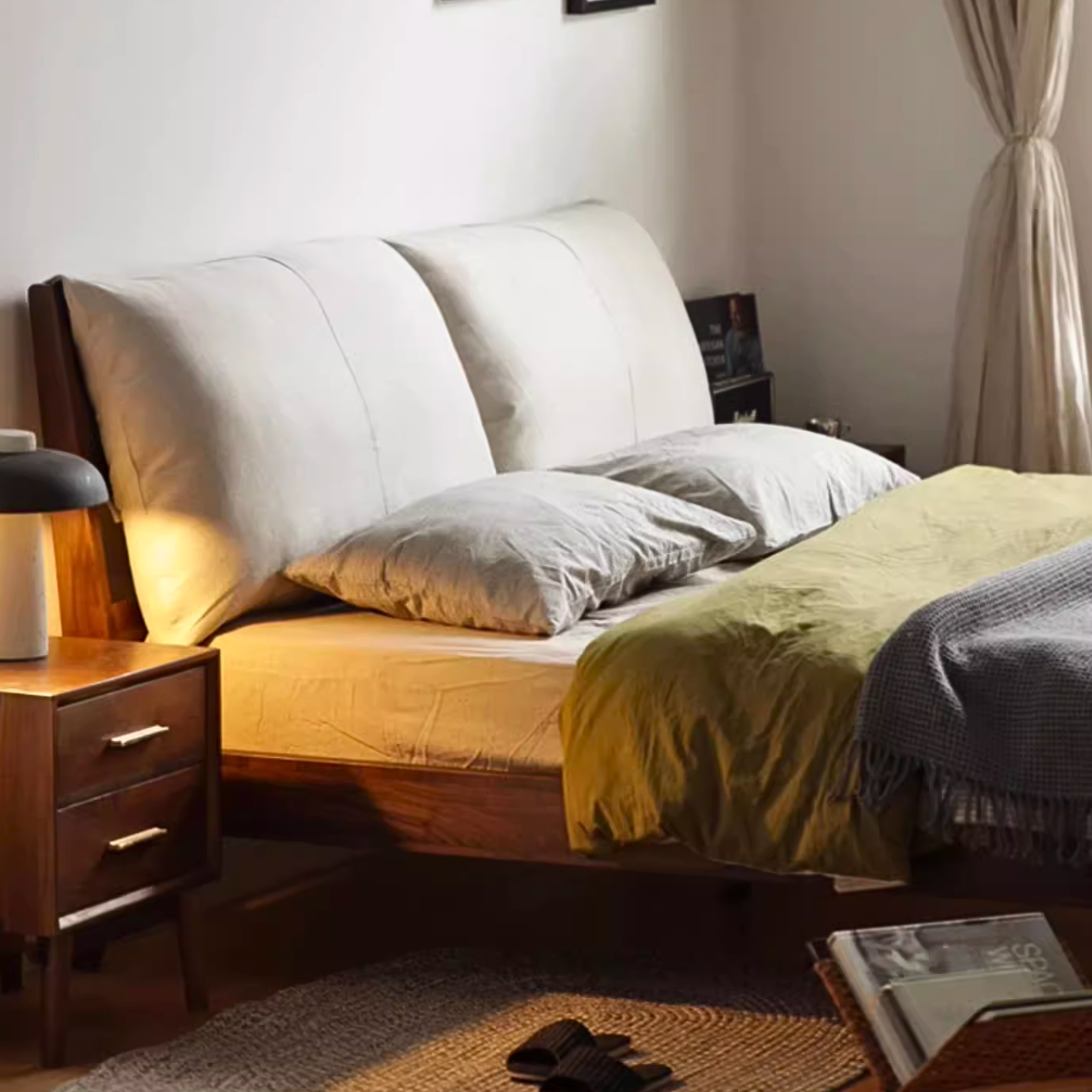Premium Black Walnut Solid Wood Bed Frame - Queen Size Platform Bed with Soft Upholstered Headboard | Modern Bedroom Furniture for Master & Guest Rooms