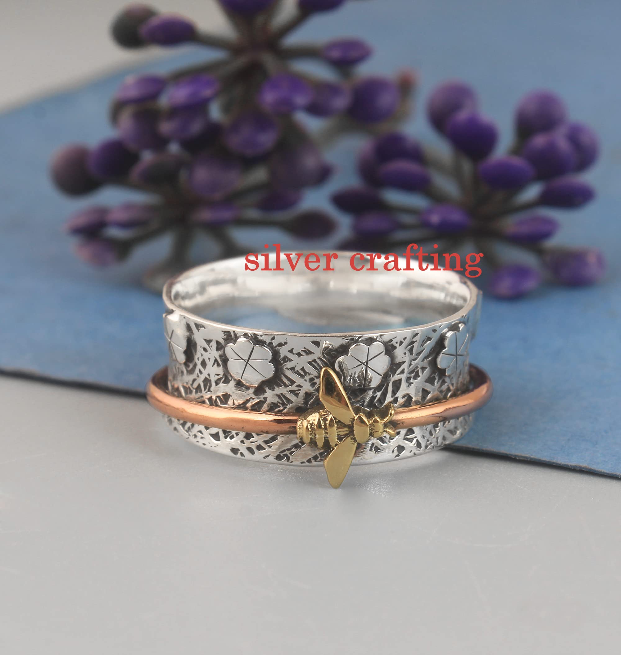 925 Sterling Silver Honey Bee Spinner Ring - Handmade Vintage Flower Design Meditation Jewelry for Stress Relief & Anxiety - Perfect for Yoga, Mindfulness & Relaxation Practices
